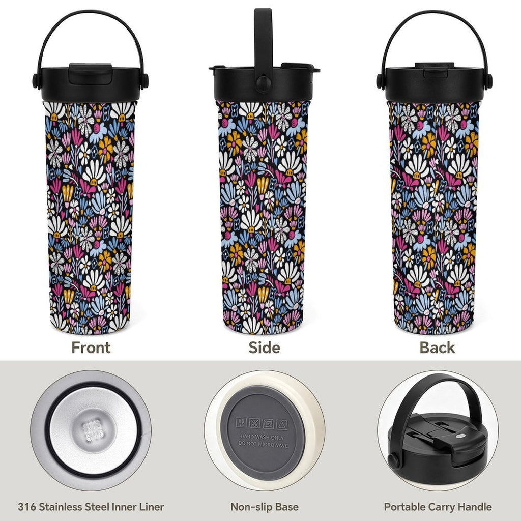 Graphic Flowers On Black 20oz Tea Tumbler with Carry Handle