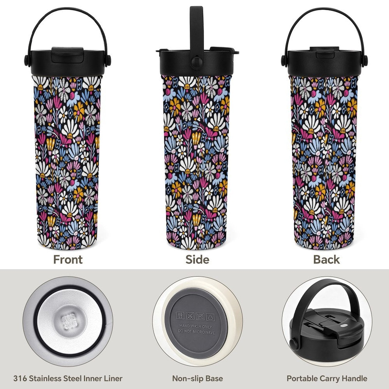 Graphic Flowers On Black 20oz Tea Tumbler with Carry Handle