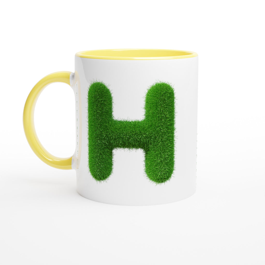Personalised - Grass Initial - White 11oz Ceramic Mug with Color Inside Ceramic Yellow Personalised 11oz Mug Customise Globally Fulfilled Name Personalise