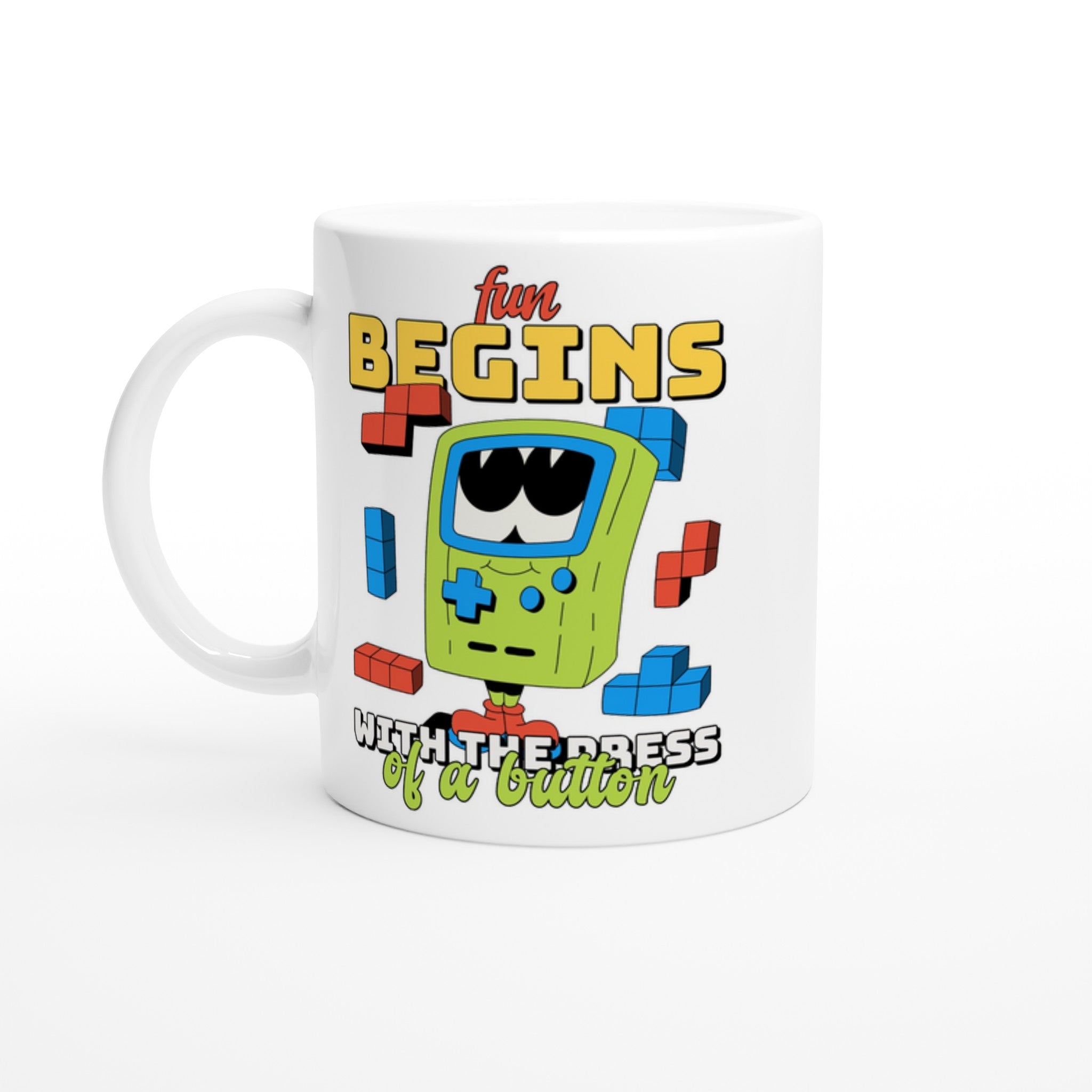 Fun Begins With The Press Of A Button - White 11oz Ceramic Mug Default Title White 11oz Mug Games Globally Fulfilled