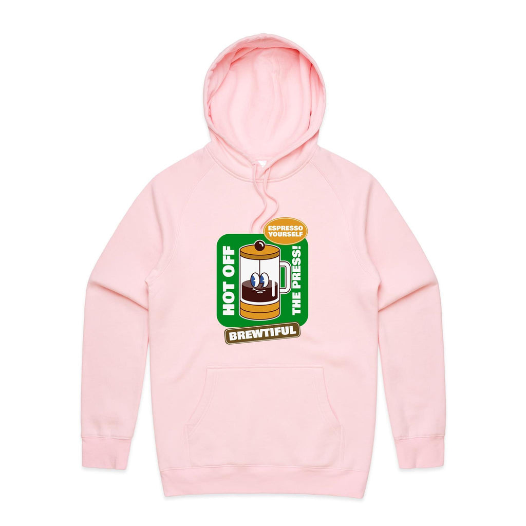 Brewtiful, Coffee Press - Mens Hoodie Pink Mens Hoodie Coffee Printed In Australia