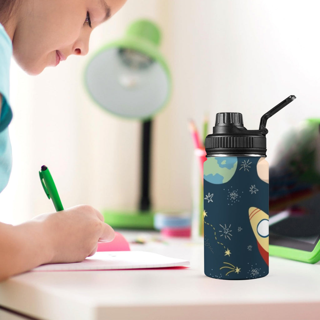 Rocket and Planets In Space - Kids Water Bottle with Chug Lid (12 oz) Kids Water Bottle with Chug Lid Printed Offshore Space