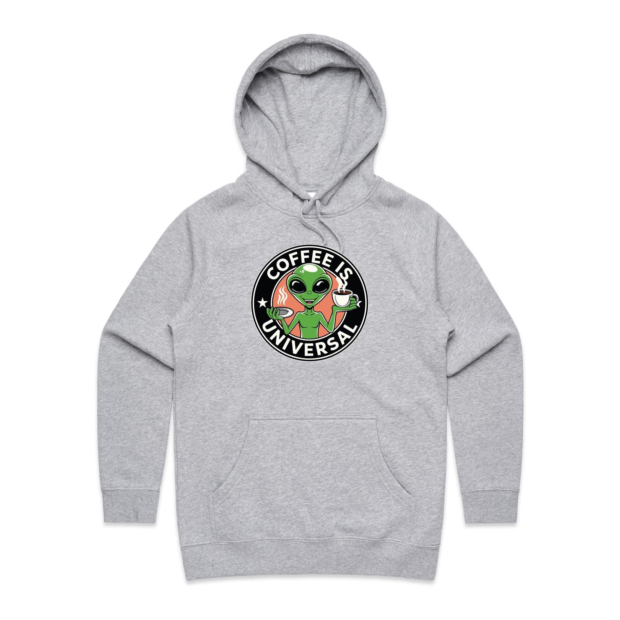 Coffee Is Universal, Alien - Womens Hoodie Grey Marle Womens Hoodie Coffee Printed In Australia Sci Fi