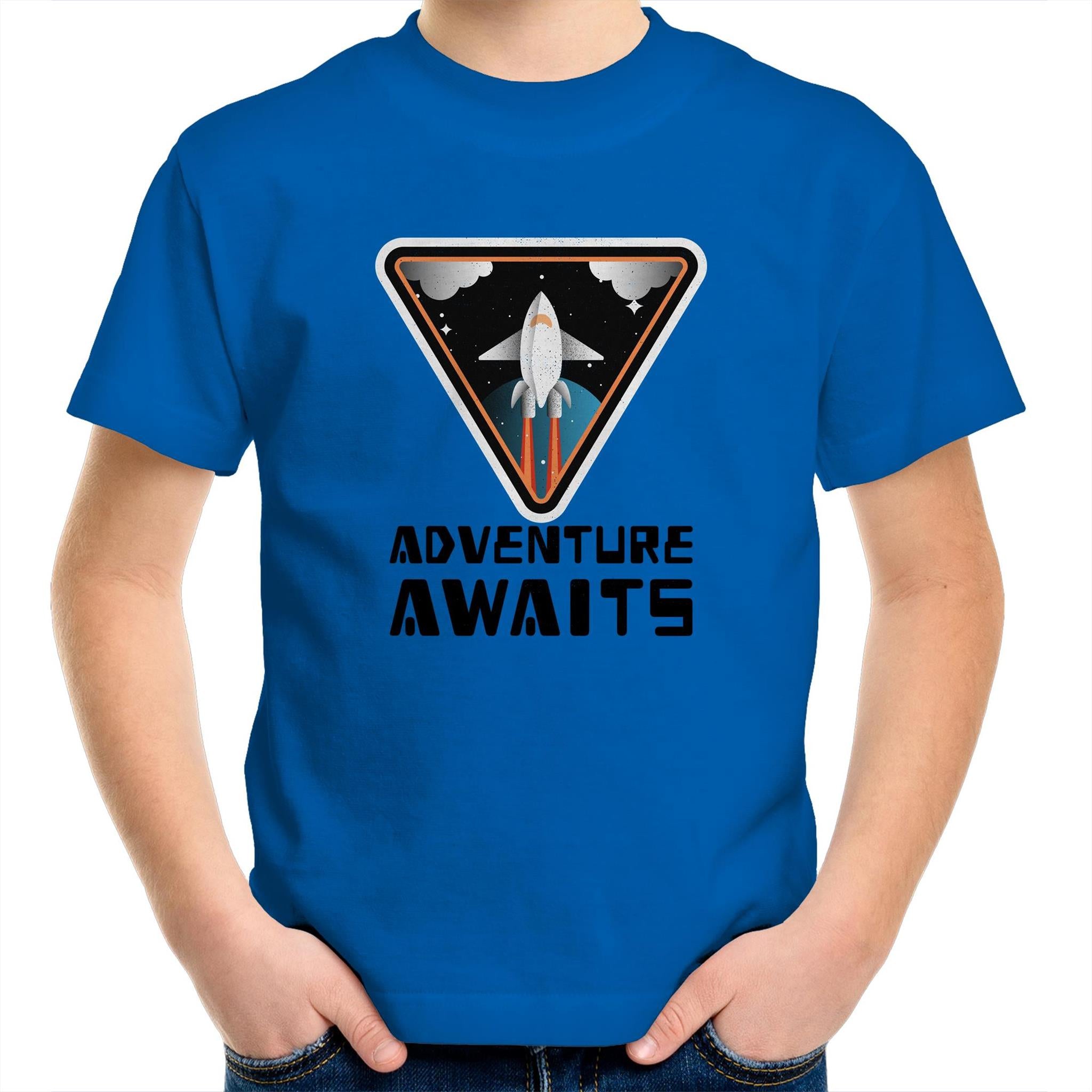 Adventure Awaits, Spaceship - Kids Youth T-Shirt Bright Royal Kids Youth T-shirt Printed In Australia Space