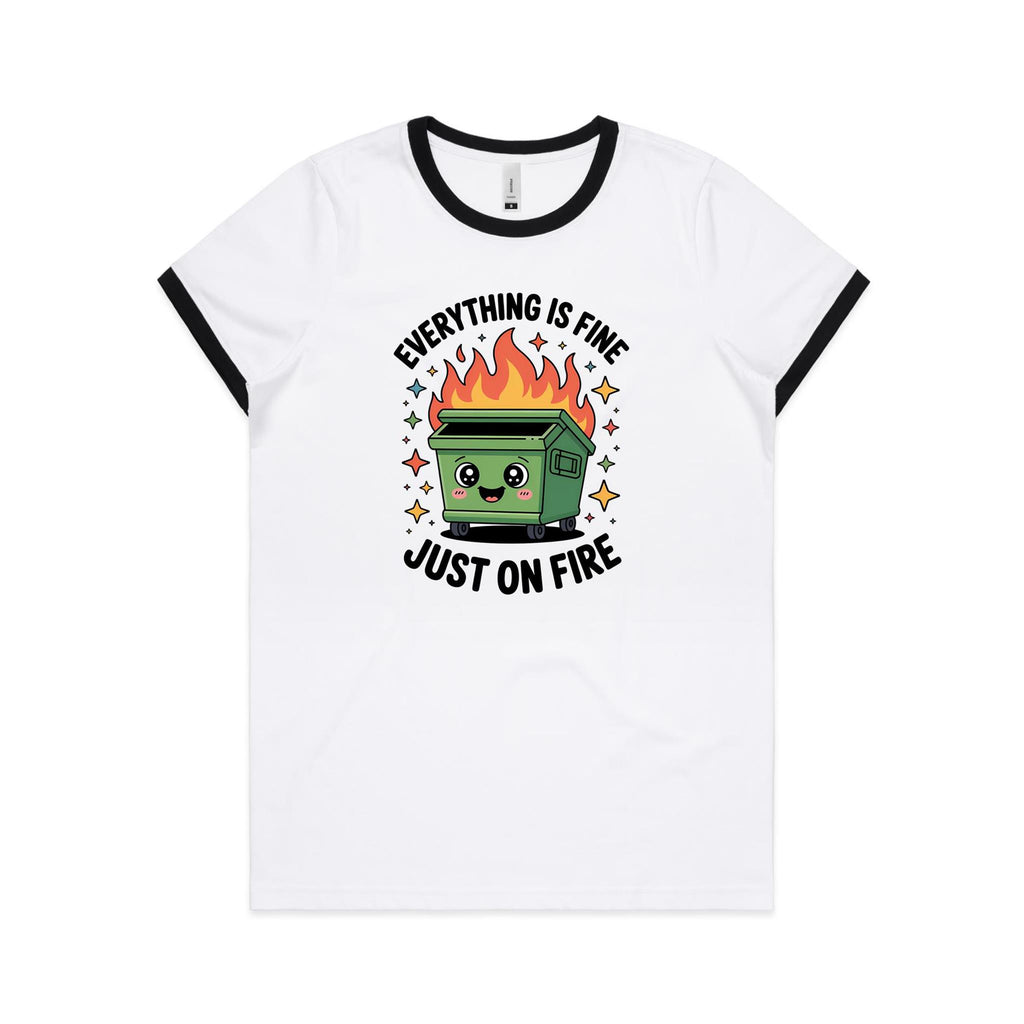 Skip Bin, Dumpster Fire Women's AS Colour Ringer Tee White Black Womens Ringer T-shirt Printed In Australia