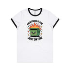 Skip Bin, Dumpster Fire Women's AS Colour Ringer Tee White Black Womens Ringer T-shirt Printed In Australia