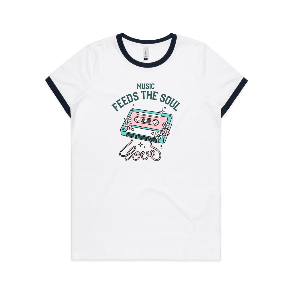 Music Feeds The Soul, Cassette Tape - Women's Ringer Tee White Navy Womens Ringer T-shirt Music Printed In Australia
