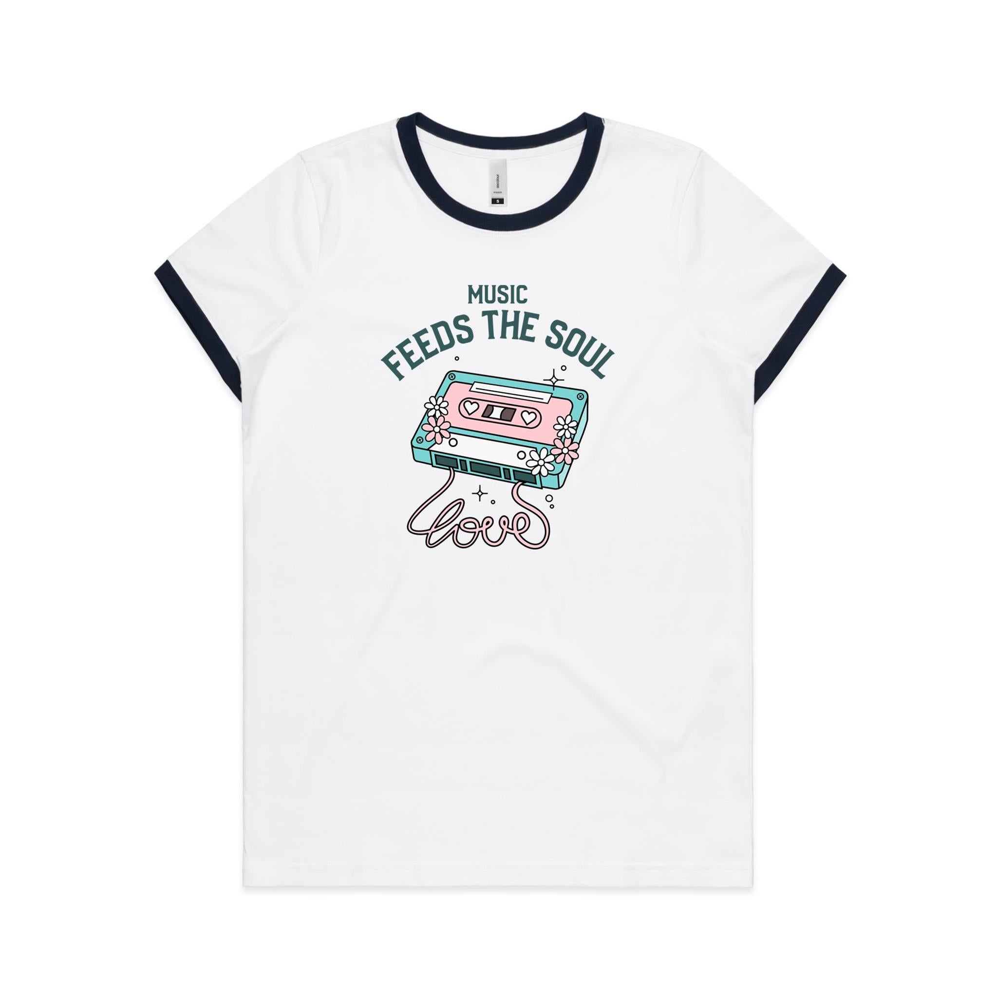 Music Feeds The Soul, Cassette Tape - Women's Ringer Tee White Navy Womens Ringer T-shirt Music Printed In Australia