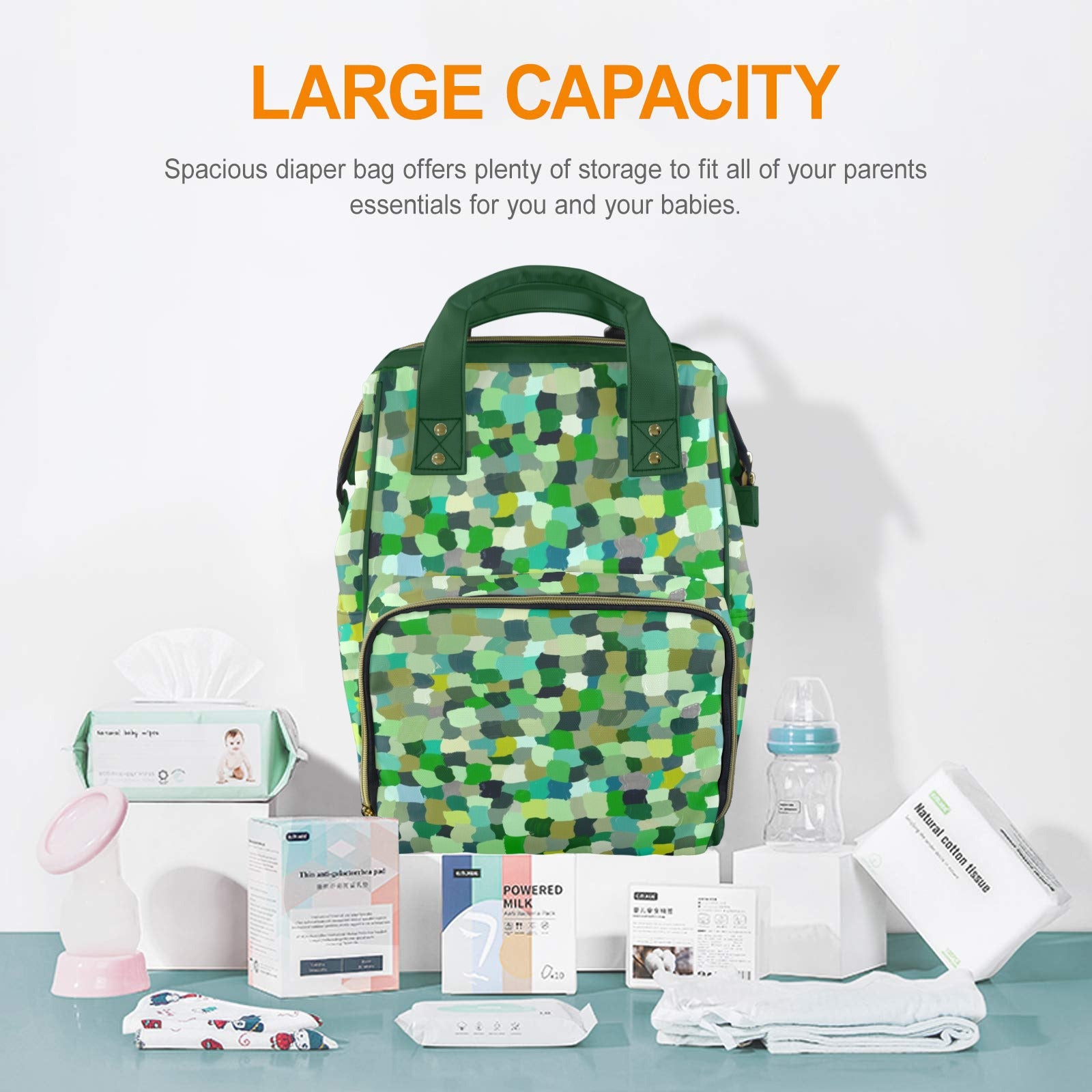 Green Paint Dabs - Multi-Function Backpack, Nappy / Diaper Bag