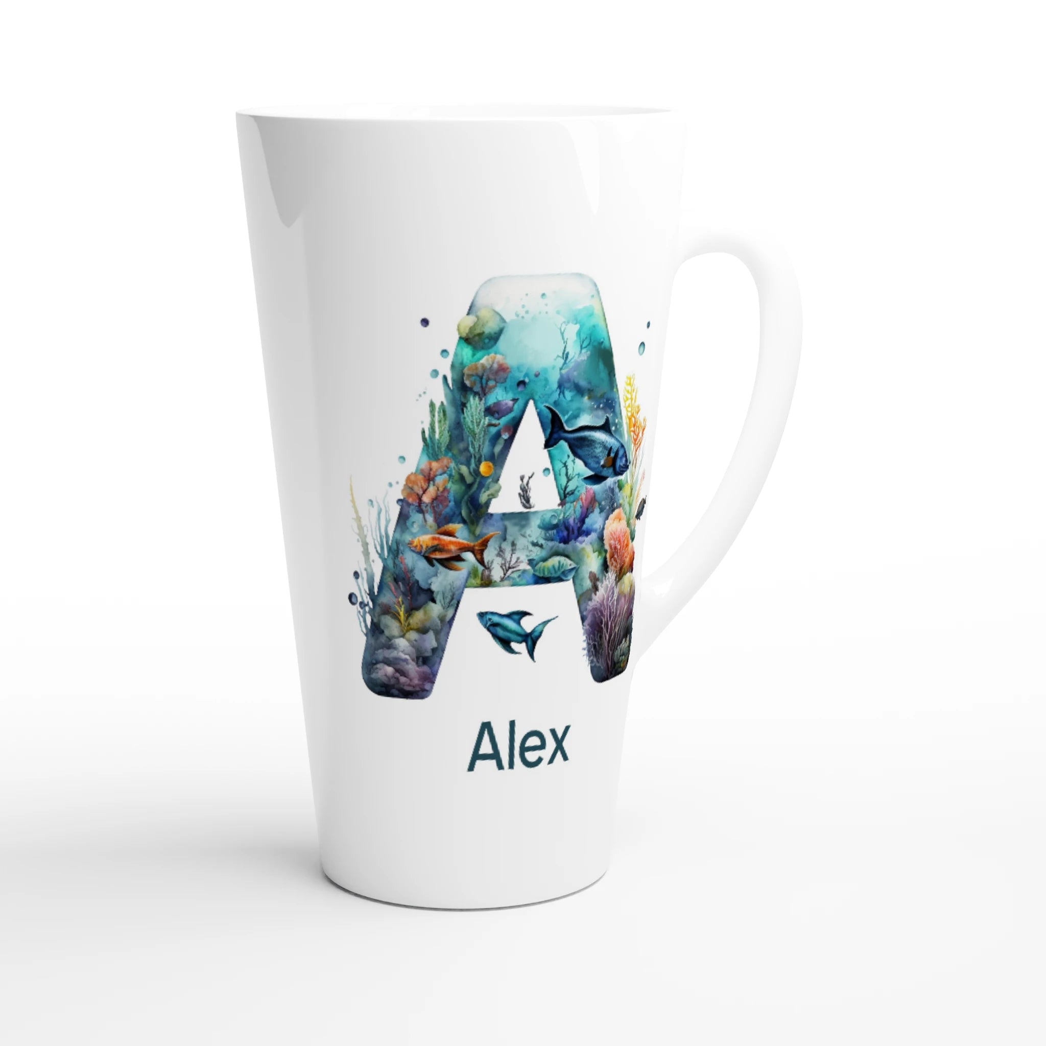 Coral Sea Initial - White Latte 17oz Ceramic Mug Personalised Latte Mug customise Globally Fulfilled Initial Name