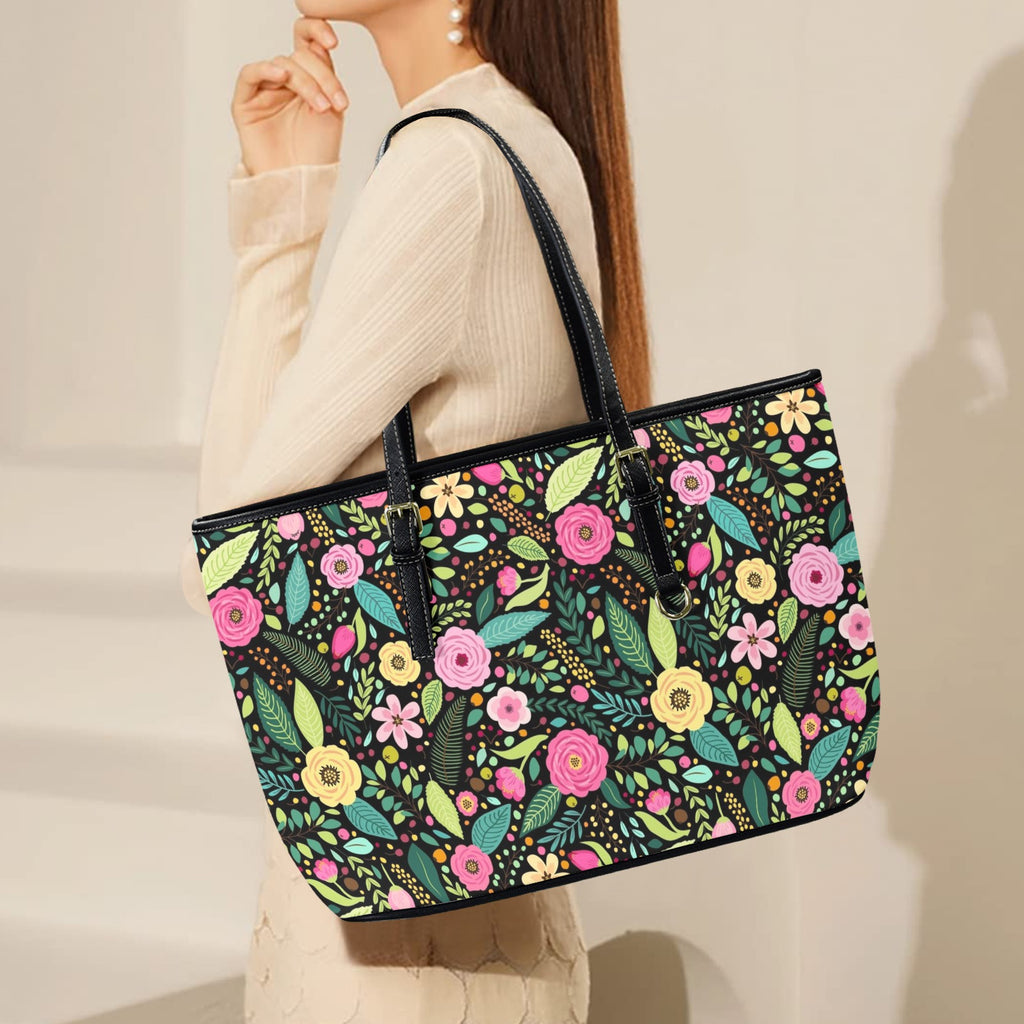Bright Floral And Leaves PU Leather Tote Bag Large