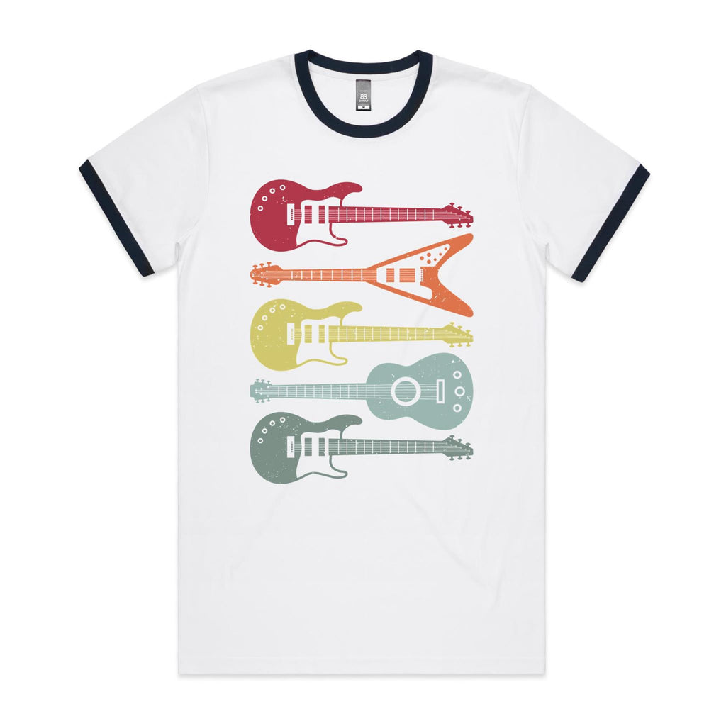 Retro Guitars - Staple Ringer Tee White Navy Ringer T-Shirt Music Printed In Australia