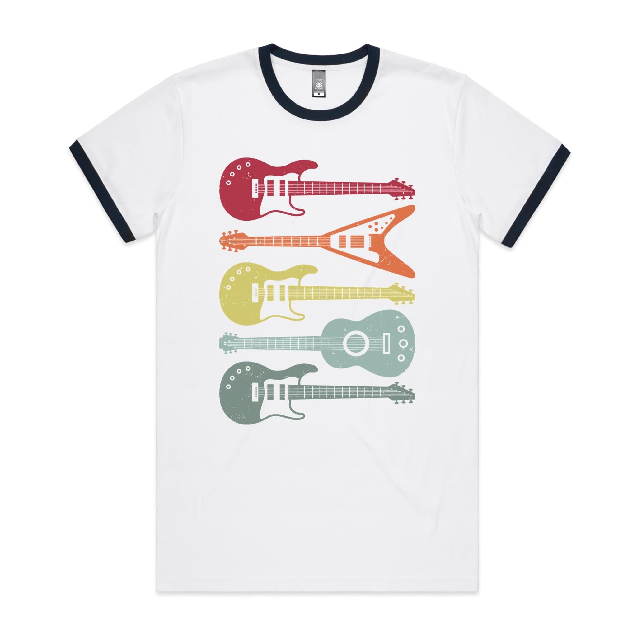 Retro Guitars - Staple Ringer Tee White Navy Ringer T-Shirt Music Printed In Australia