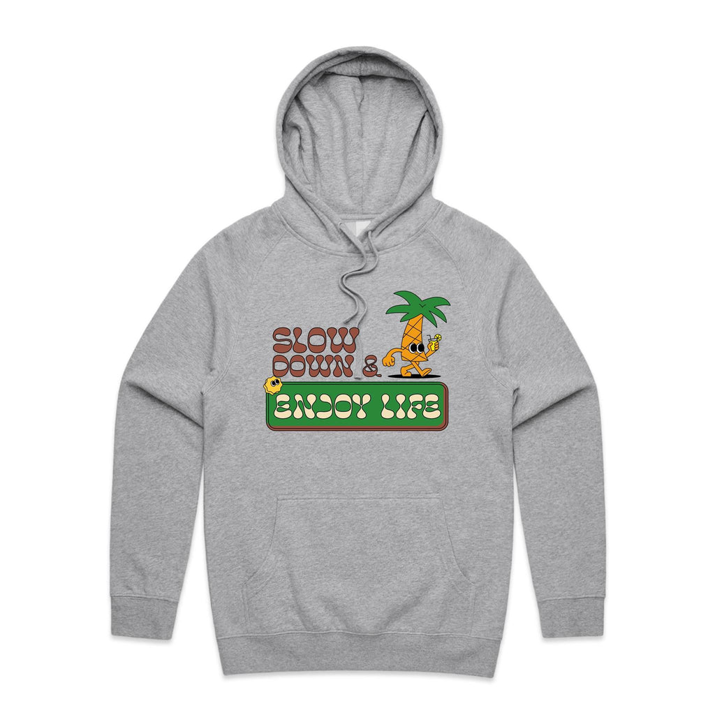 Slow Down And Enjoy Life, Palm Tree - Mens Hoodie Grey Marle Mens Hoodie Printed In Australia Summer