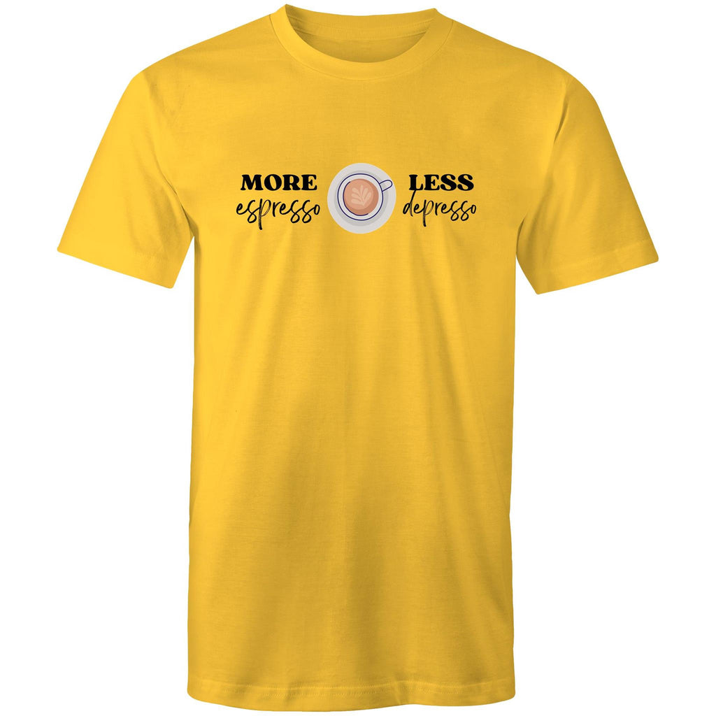 More Espresso Less Depresso - Mens T-Shirt Yellow Mens T-shirt Coffee Printed In Australia