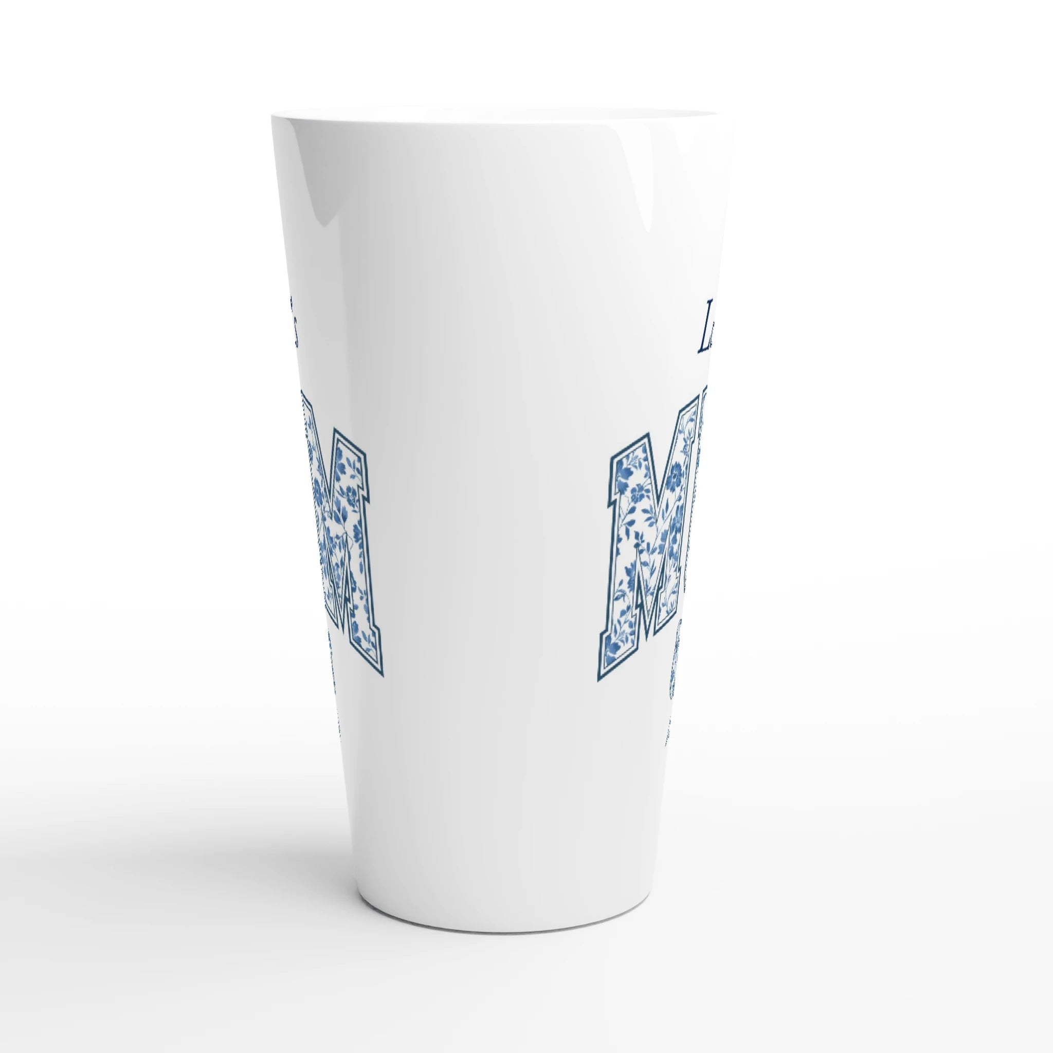 Personalise - Mum, Blue Floral - White Latte 17oz Ceramic Mug Personalised Latte Mug customise Globally Fulfilled Mum Name