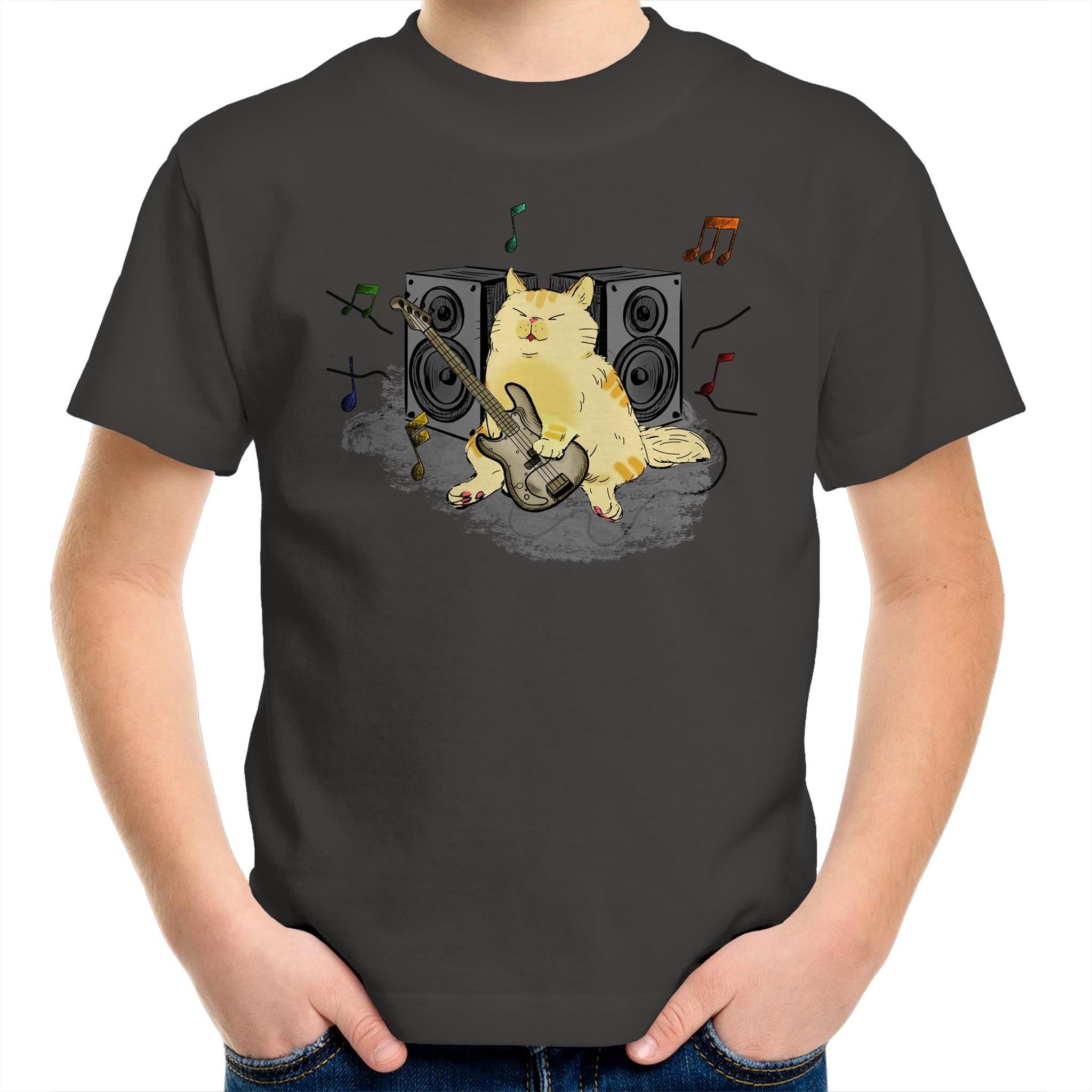 Cat Bass Player - Kids Youth T-Shirt Charcoal Kids Youth T-shirt animal Music Printed In Australia