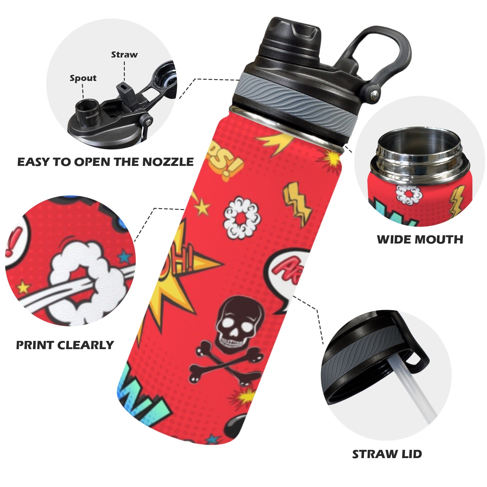 Comic Book Red - Insulated Water Bottle with Dual-Use Lid (18oz) Insulated Water Bottle with Dual-Use Lid (18oz) Printed Offshore