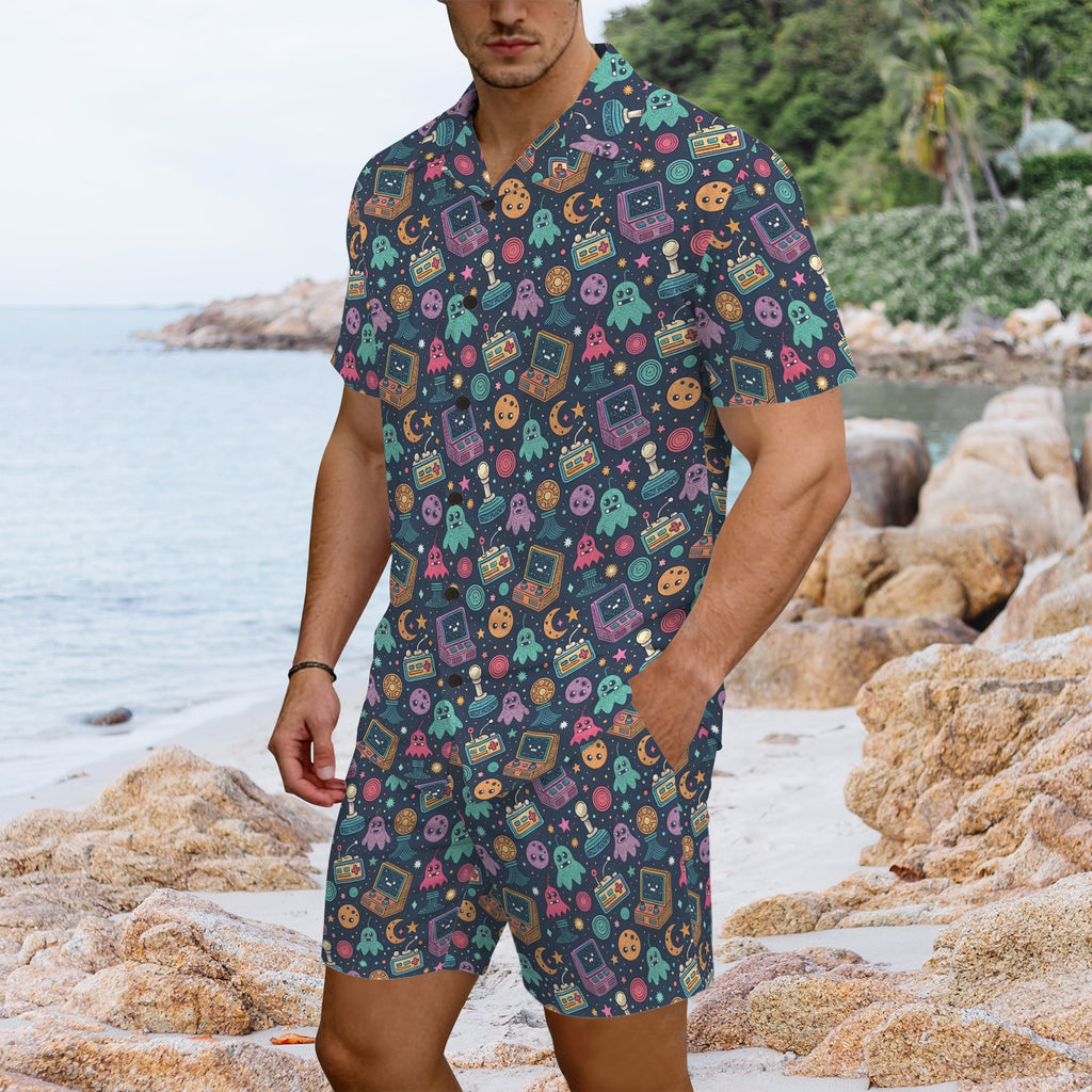 Space Arcade Men's Hawaiian Shirt & Shorts Set Men's Hawaiian Shirt & Shorts Set Games Printed Offshore Retro