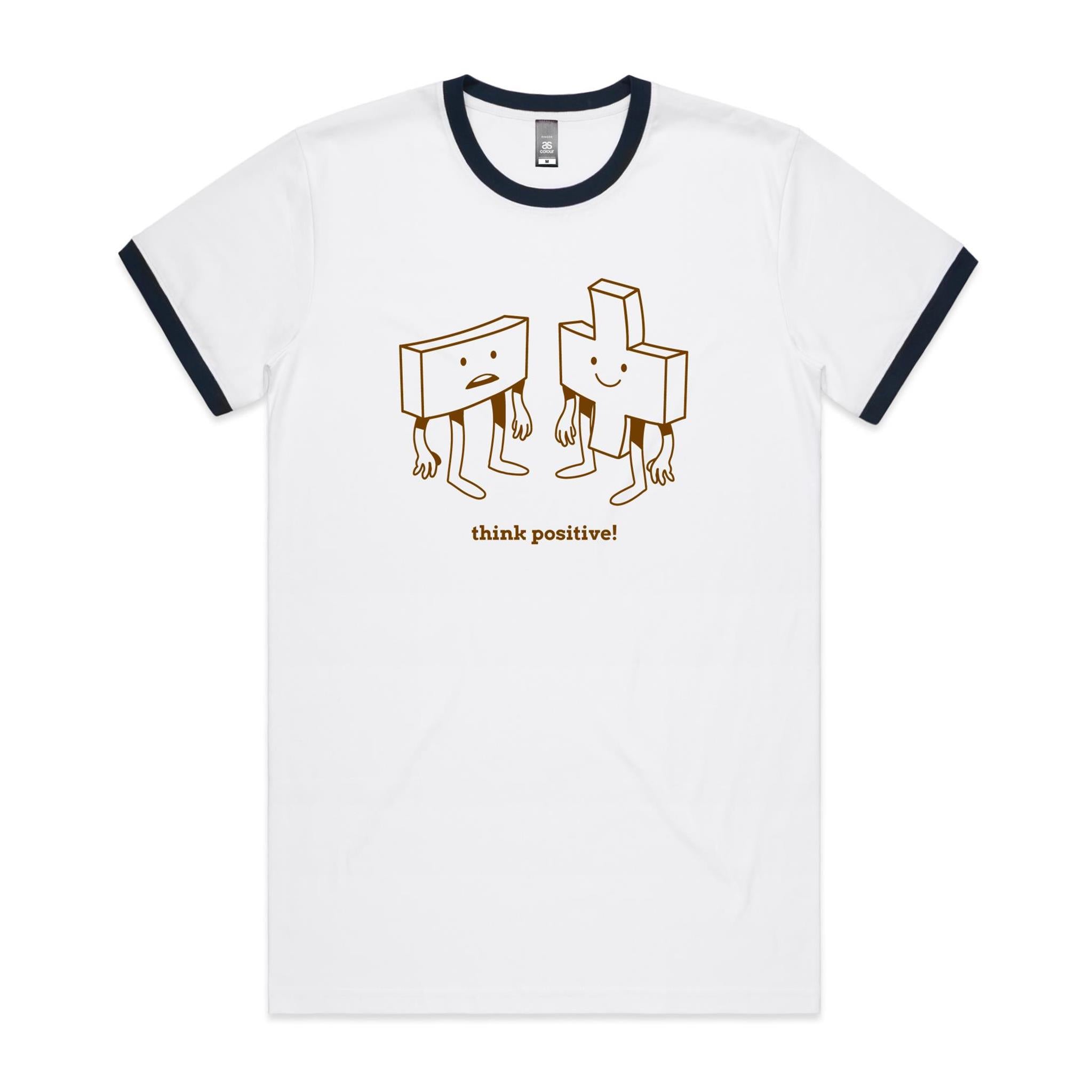 Think Positive, Maths - Staple Ringer Tee White Navy Ringer T-Shirt Maths Positivity Printed In Australia