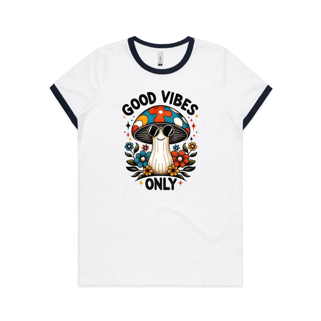 Good Vibes Only, Hippie Mushroom With Sunglasses - Women's Ringer Tee