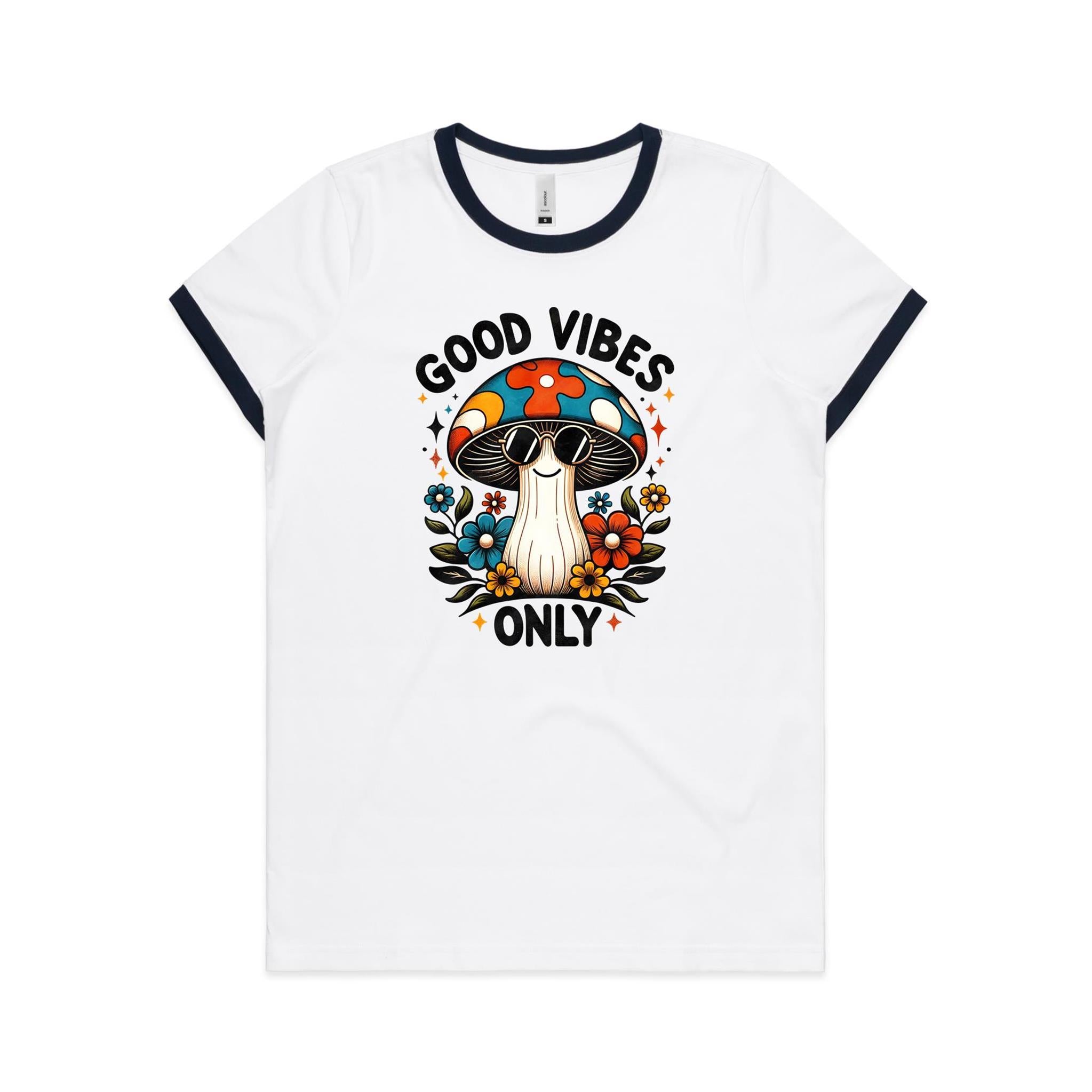 Good Vibes Only, Hippie Mushroom With Sunglasses - Women's Ringer Tee