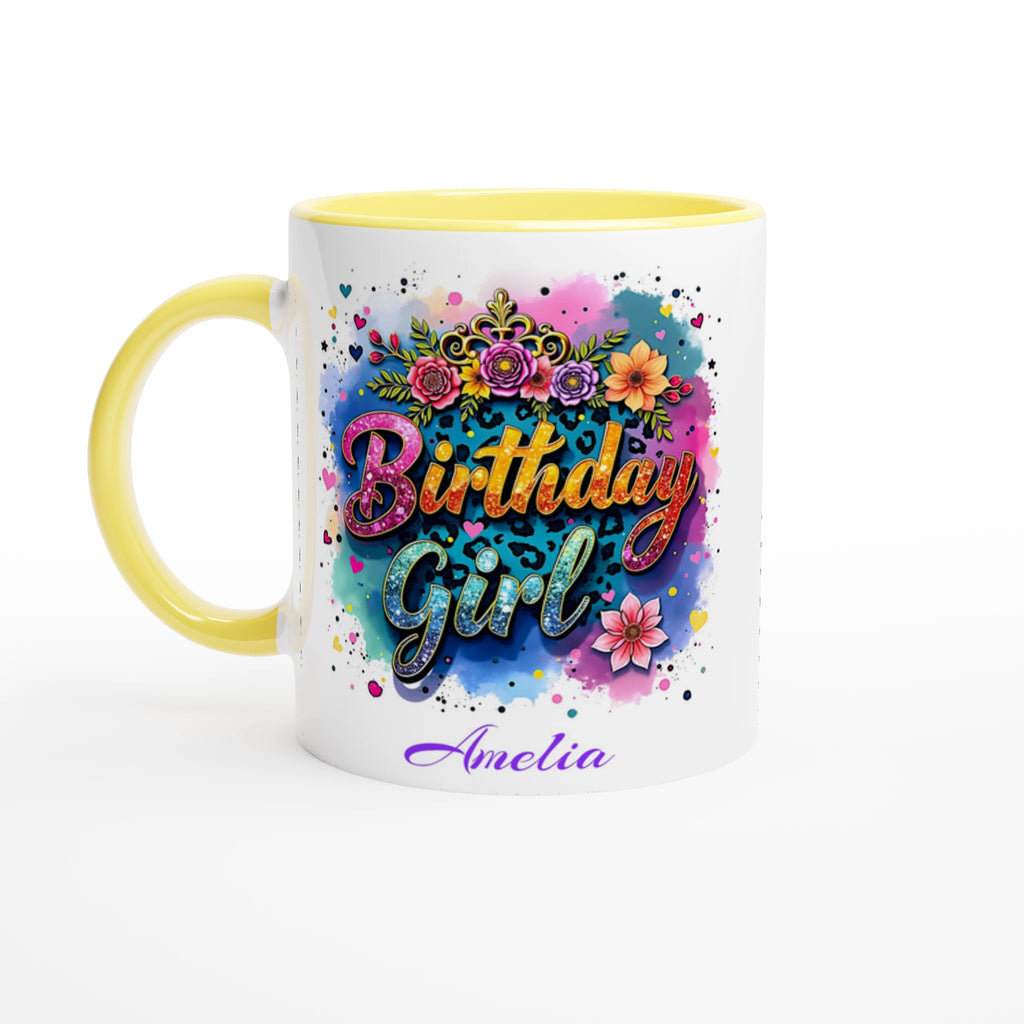 Personalise - Birthday Girl - 11oz Ceramic Mug Ceramic Yellow Personalised 11oz Mug Birthday customise Globally Fulfilled Name personalise