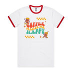 Coffee Makes Me Happy - Staple Ringer Tee White Red Ringer T-Shirt Coffee Printed In Australia