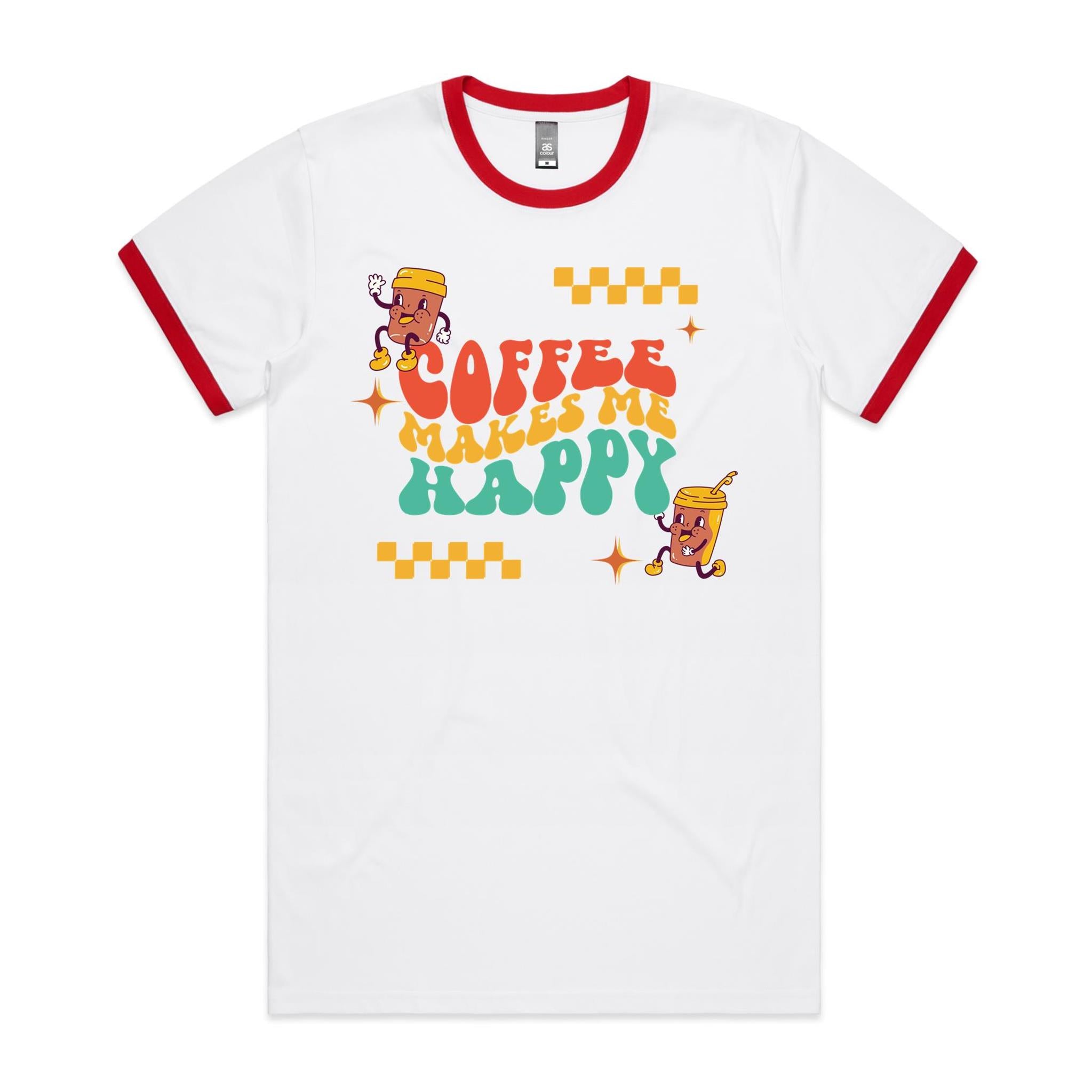 Coffee Makes Me Happy - Staple Ringer Tee White Red Ringer T-Shirt Coffee Printed In Australia