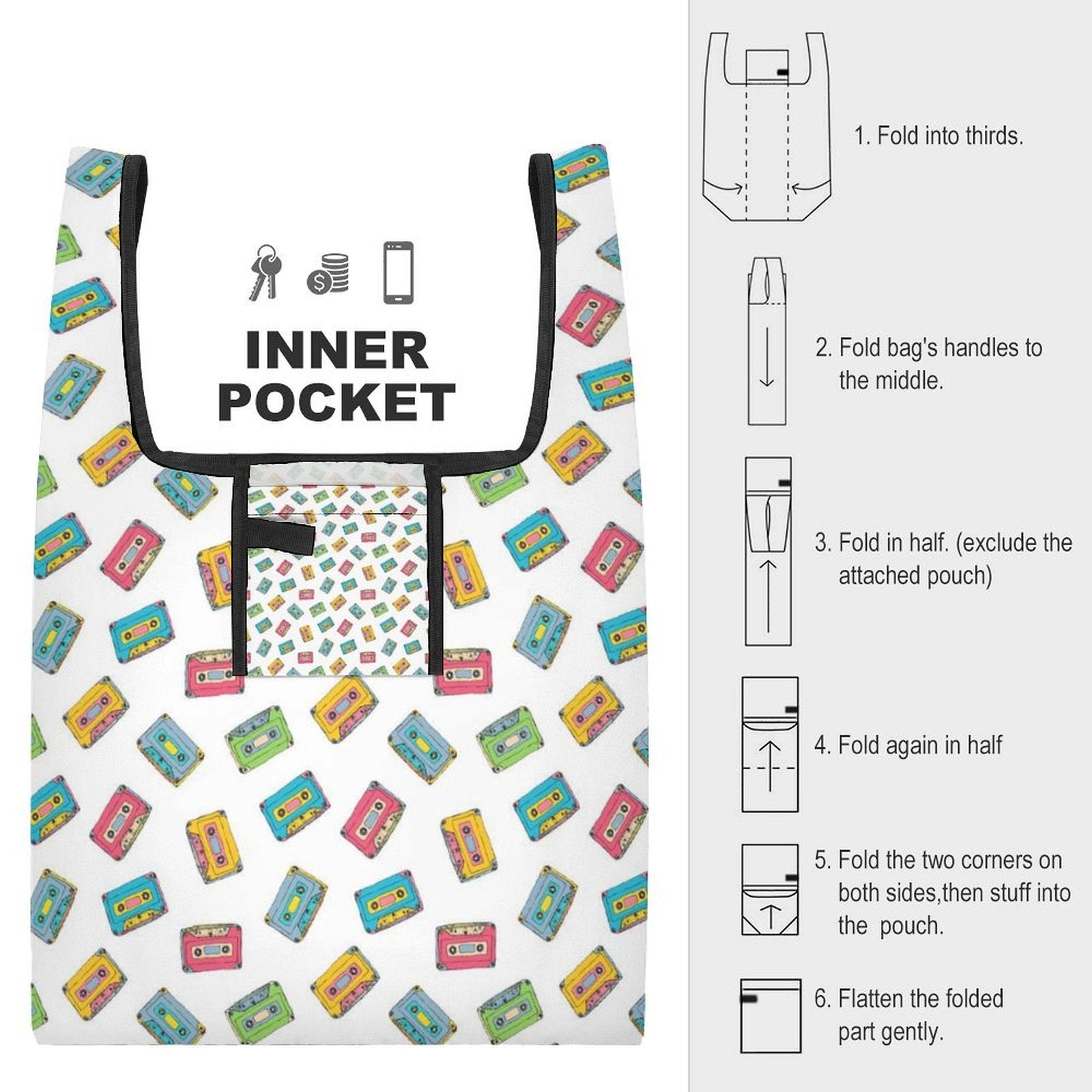 Colourful Cassette Tapes On White Foldable Shopping Bag