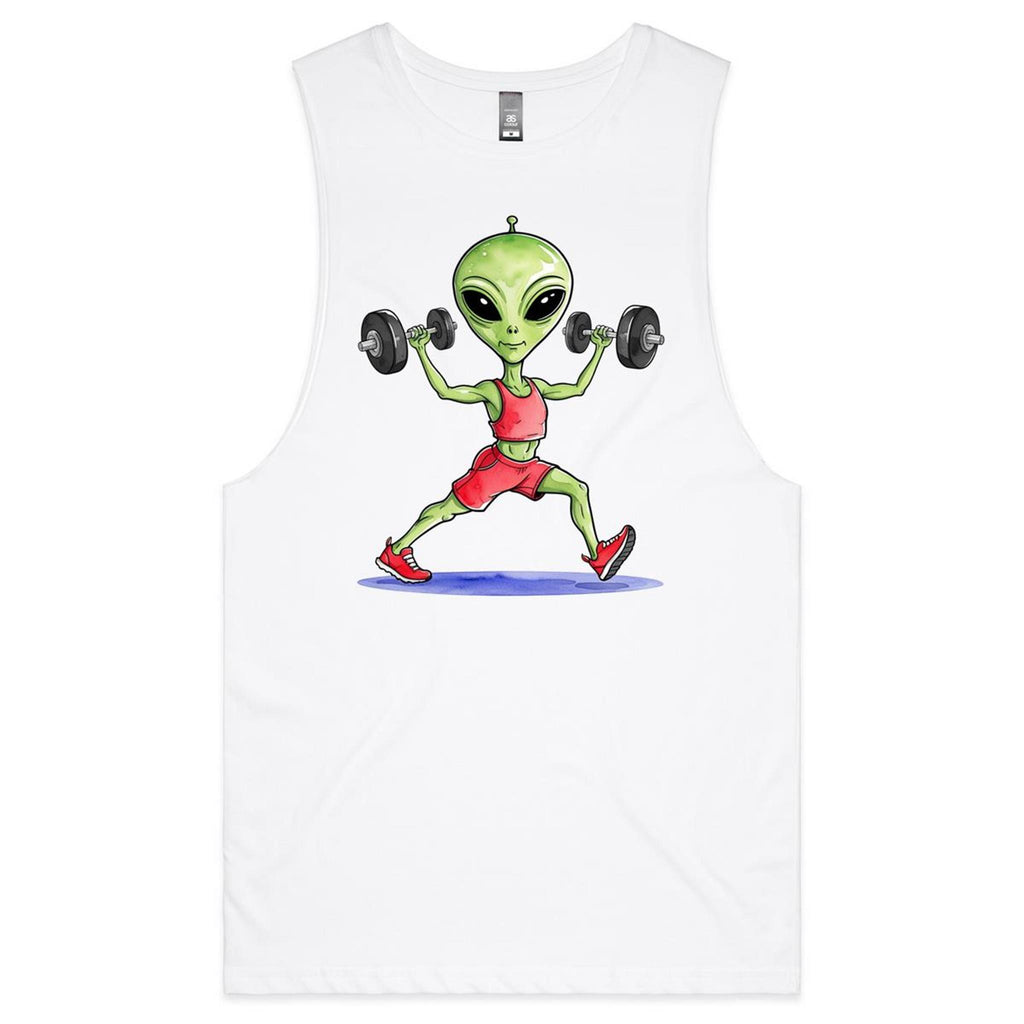 Alien Dumbells - Tank Top Tee White Drop Arm Tank Top Fitness Printed In Australia