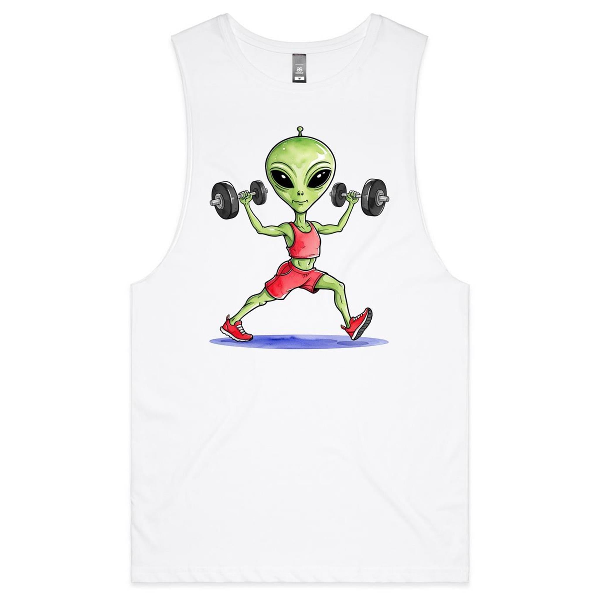 Alien Dumbells - Tank Top Tee White Drop Arm Tank Top Fitness Printed In Australia