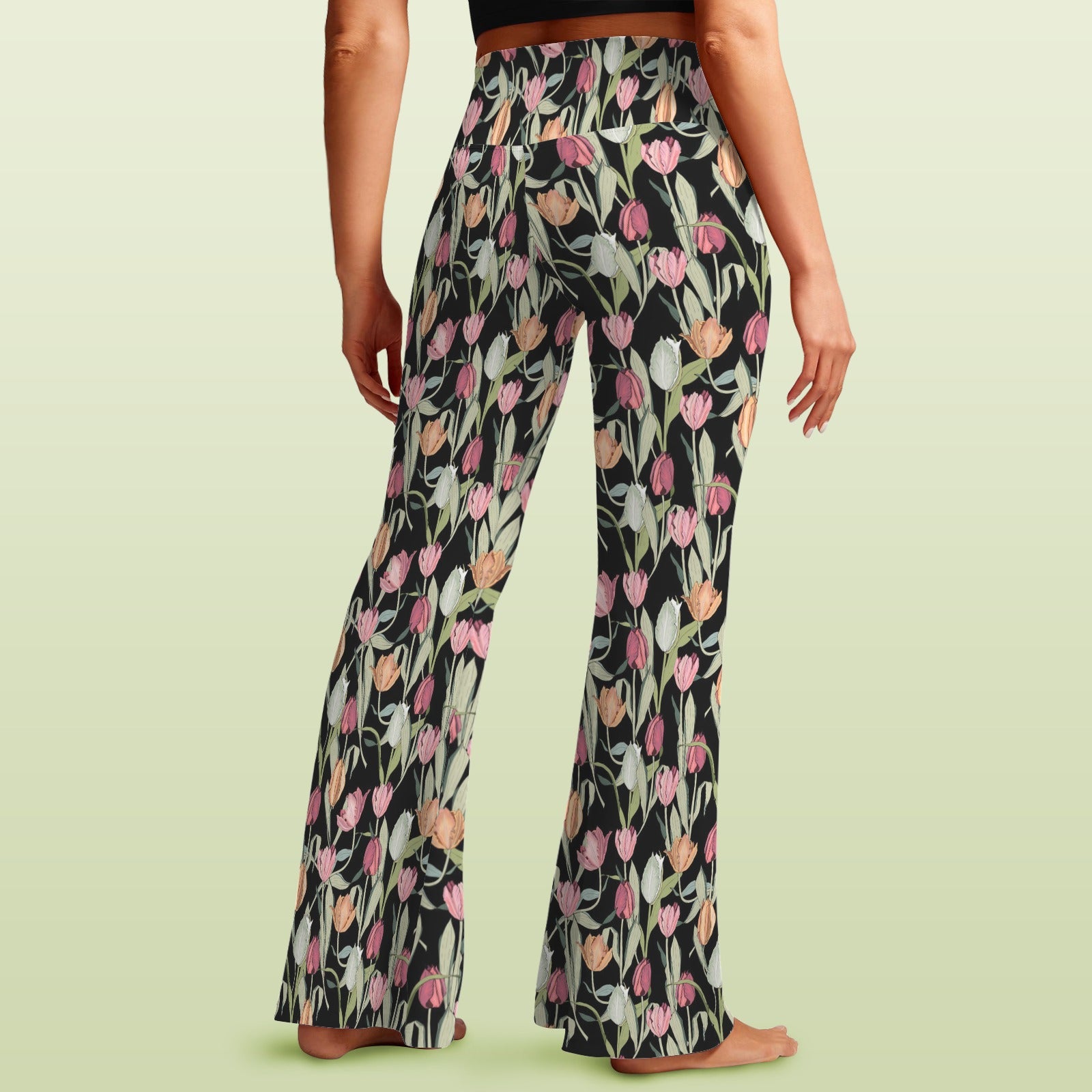 Tulips High Waist Crossover Tummy Control Flare Leggings High Waist Flare Leggings Plants Printed Offshore