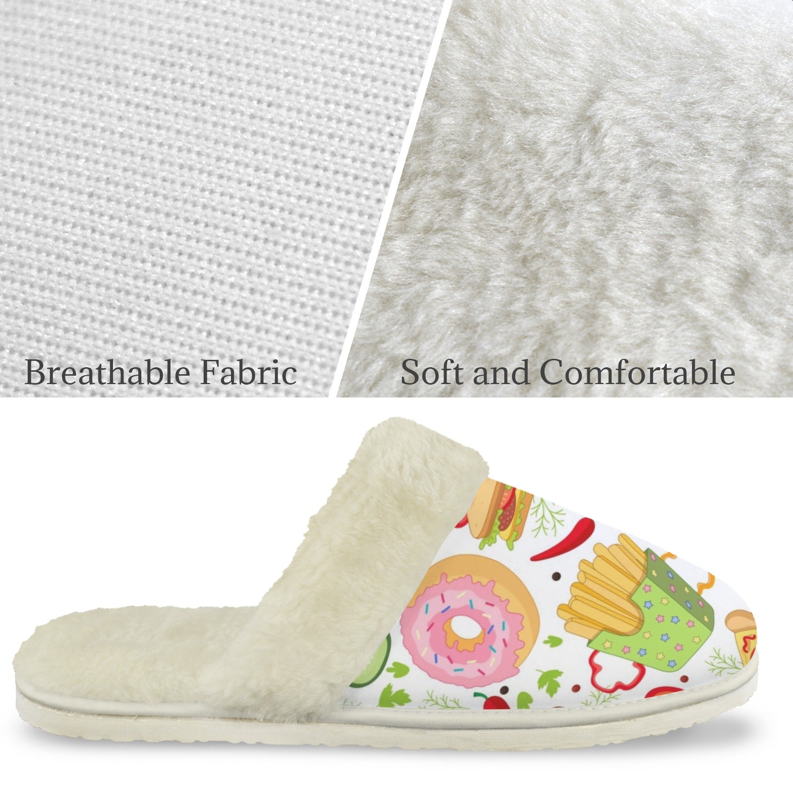 Food Love Men's Fur Trim Thick-Sole Indoor Slippers Men's Fur Trimmed Slippers Food Printed Offshore