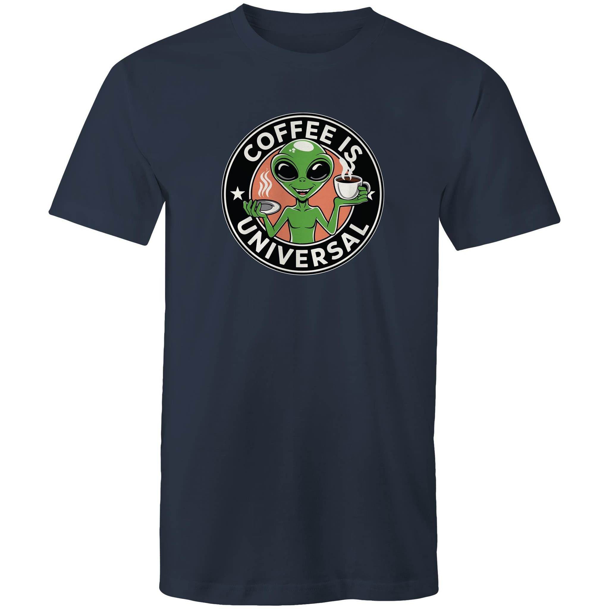Coffee Is Universal, Alien - Mens T-Shirt Navy Mens T-shirt Coffee Printed In Australia Sci Fi