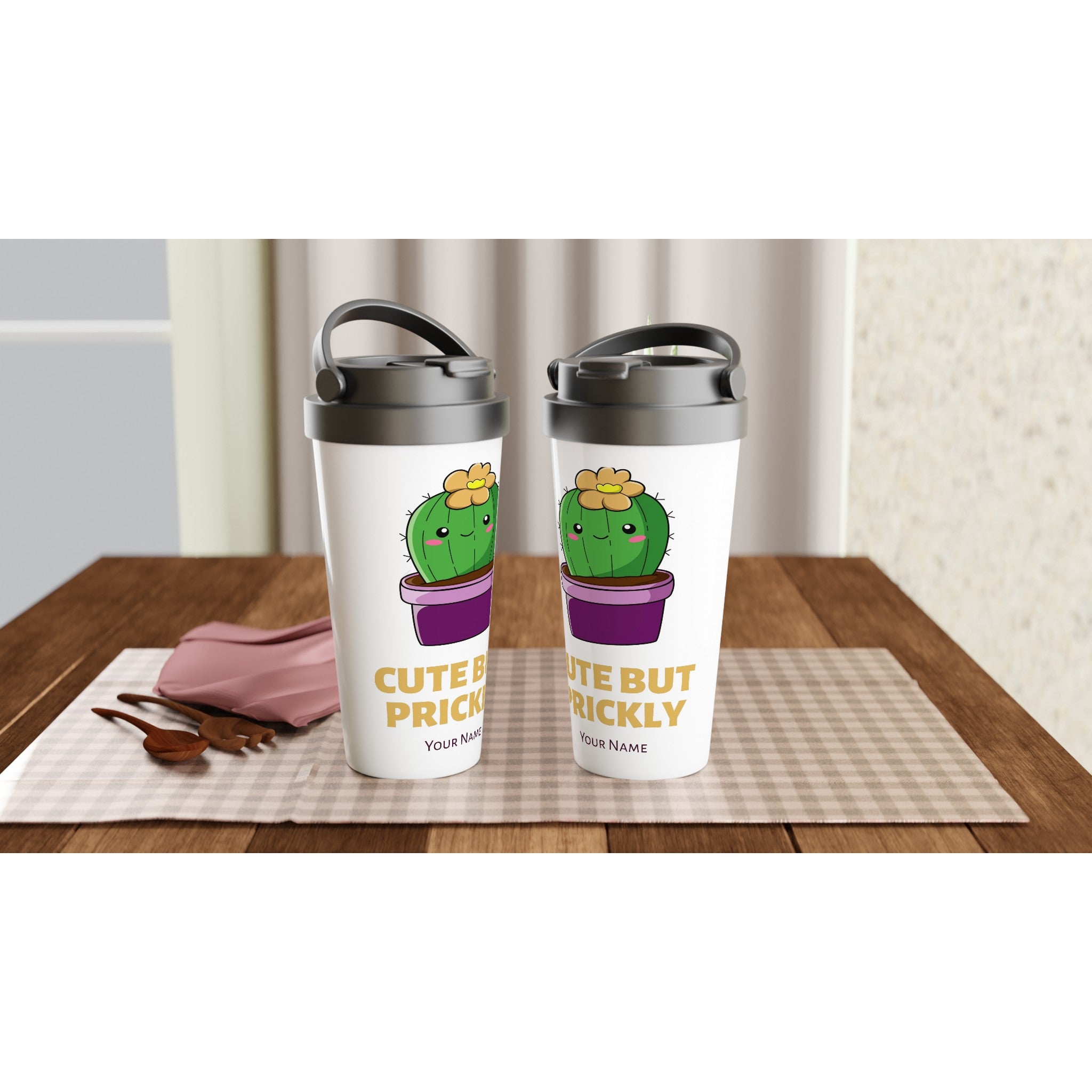 Personalised - Cactus, Cute But Prickly - White 15oz Stainless Steel Travel Mug Personalised Travel Mug funny Globally Fulfilled