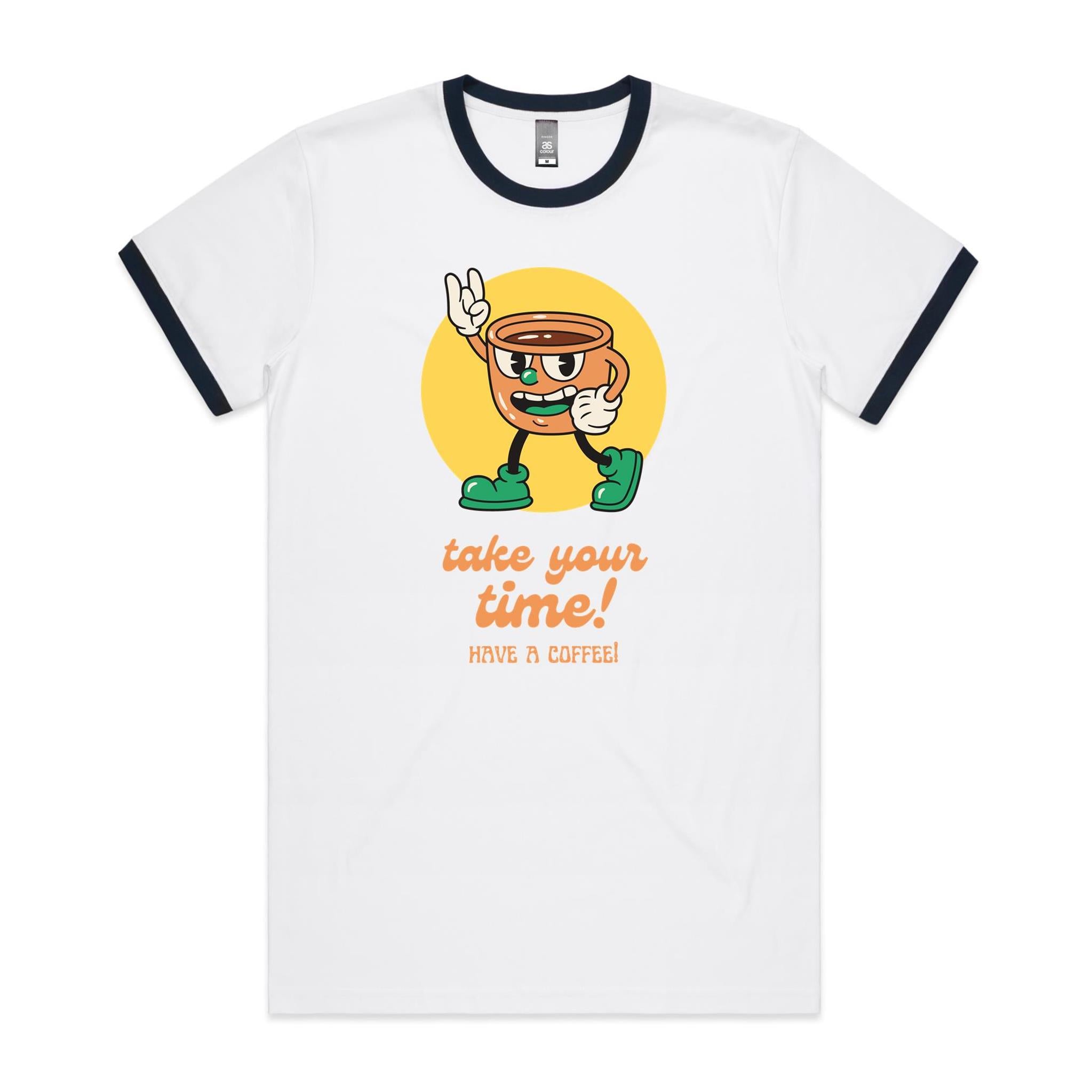 Take Your Time, Have A Coffee - Staple Ringer Tee White Navy Ringer T-Shirt Coffee Printed In Australia