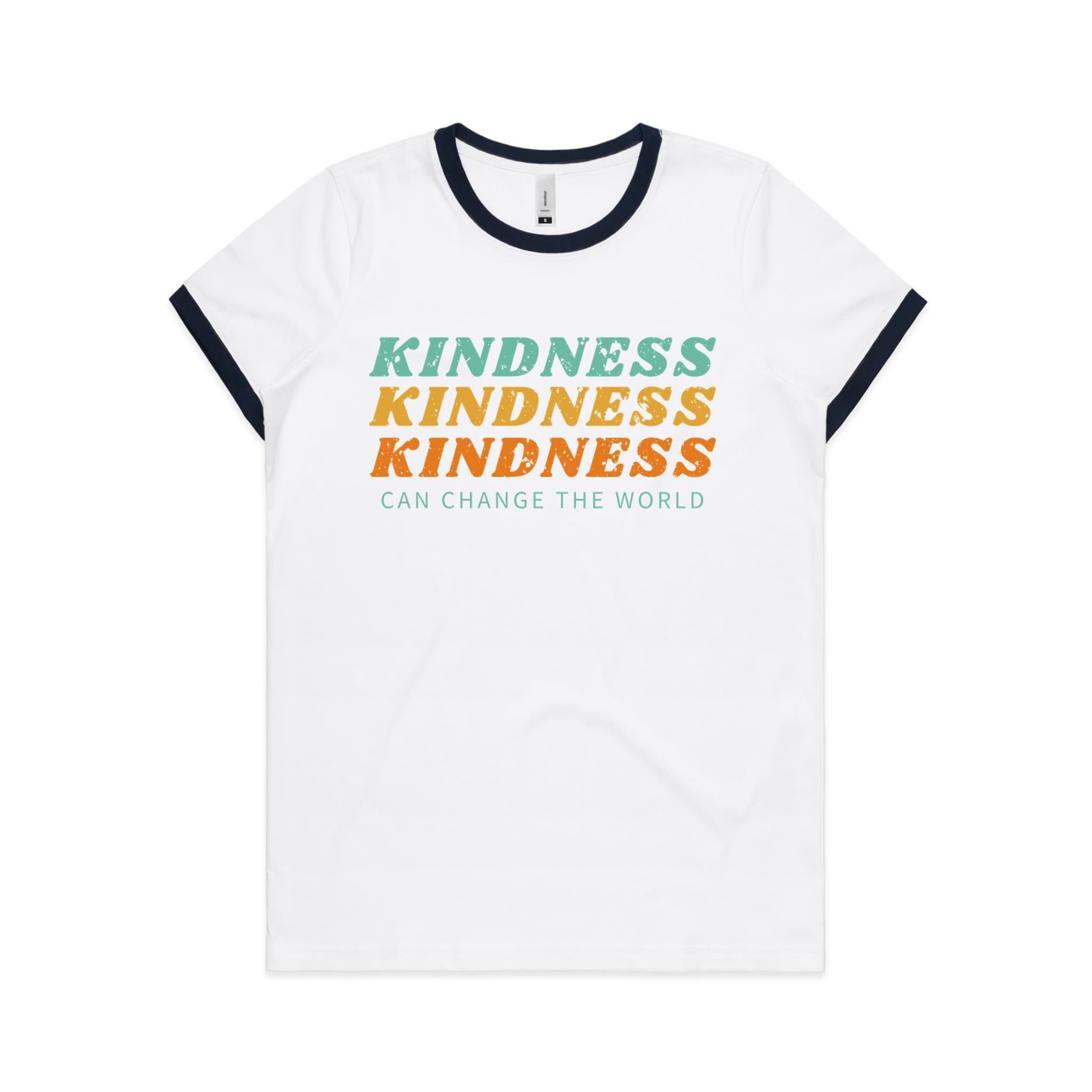 Kindness Can Change The World - Women's Ringer Tee White Navy Womens Ringer T-shirt Kindness Printed In Australia