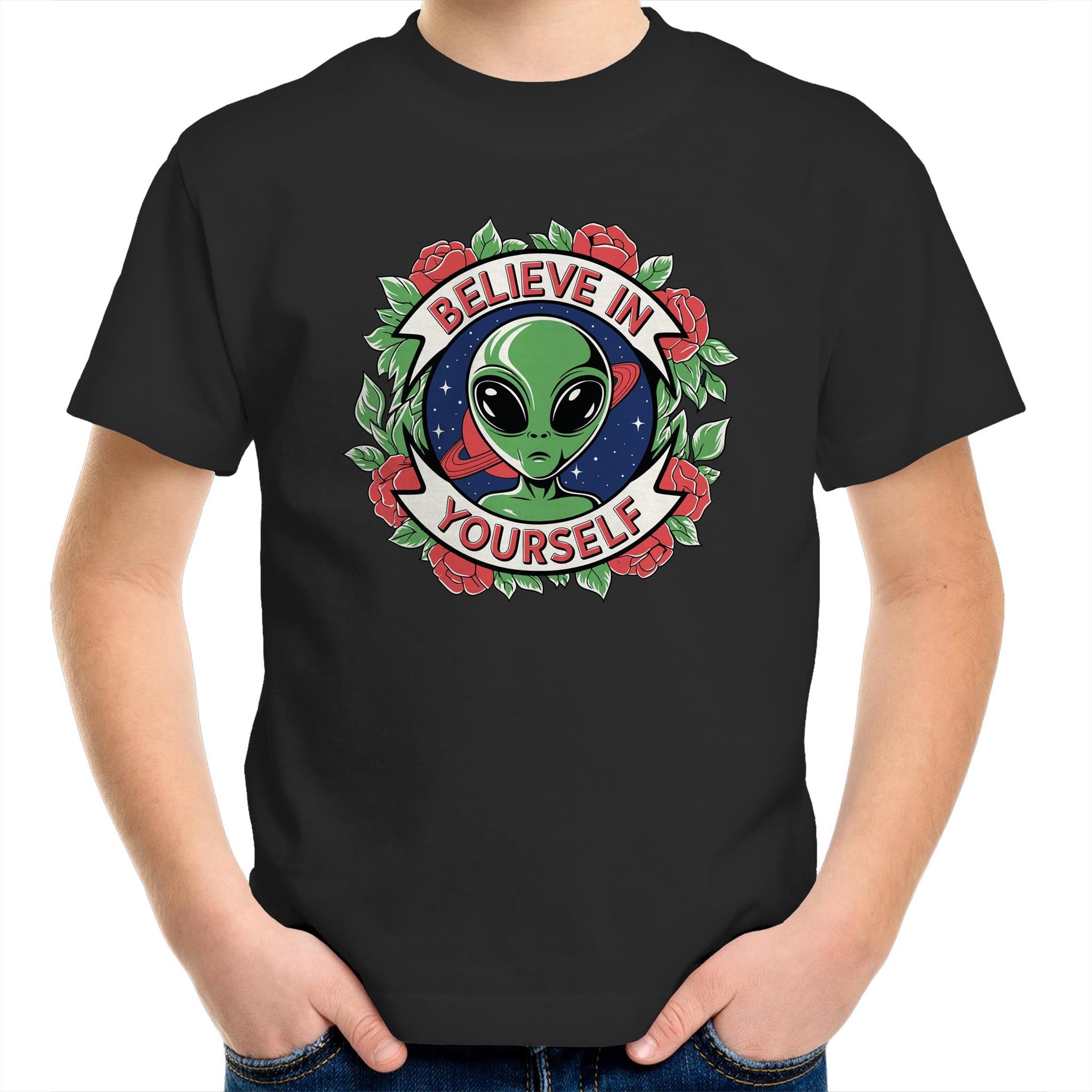 Believe In Yourself, Alien - Kids Youth T-shirt Black Kids Youth T-shirt Motivation Positivity Printed In Australia Sci Fi