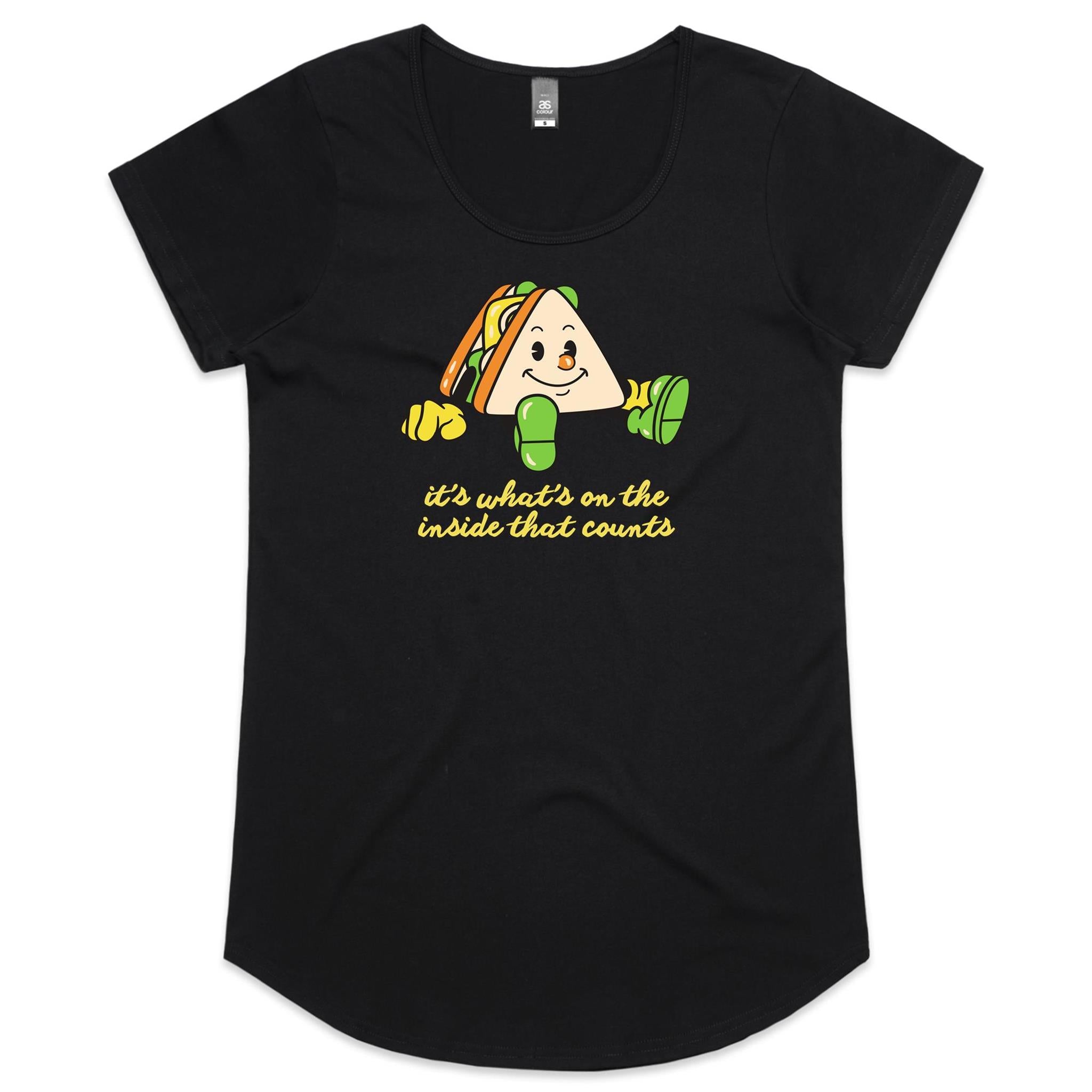 Sandwich, It's What's On The Inside That Counts - Womens Scoop Neck T-Shirt Black Womens Scoop Neck T-shirt Food Positivity Printed In Australia
