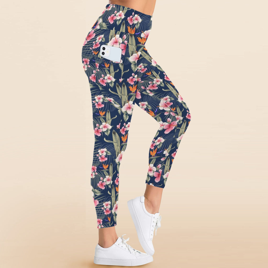 Dark Hawaiian Floral Women's High Waist Pockets Yoga Leggings