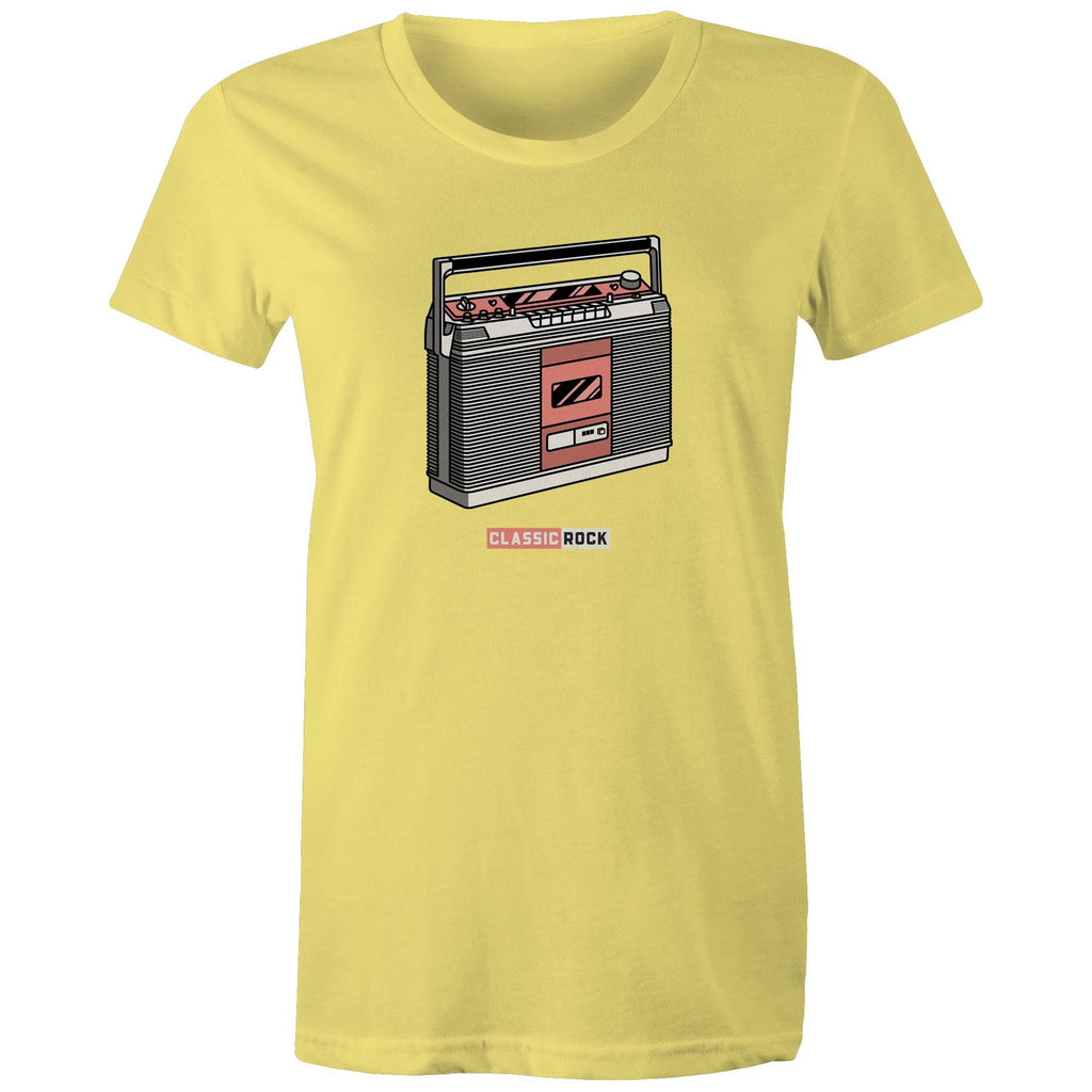 Classic Rock, Cassette Player - Womens T-shirt Yellow Womens T-shirt Music Printed In Australia Retro