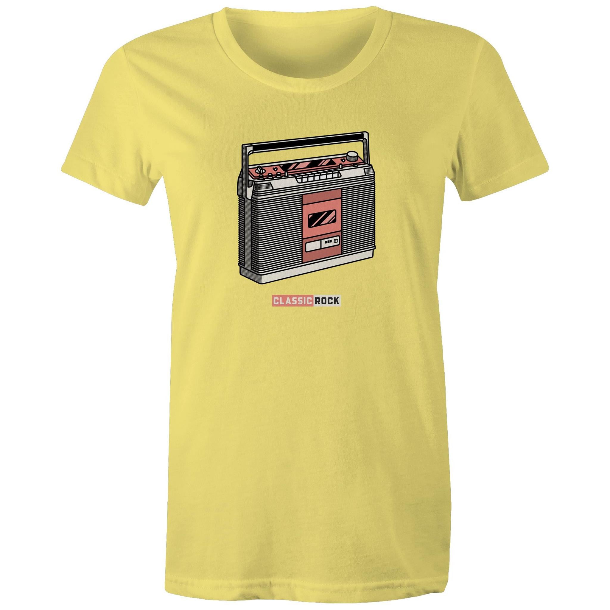 Classic Rock, Cassette Player - Womens T-shirt Yellow Womens T-shirt Music Printed In Australia Retro