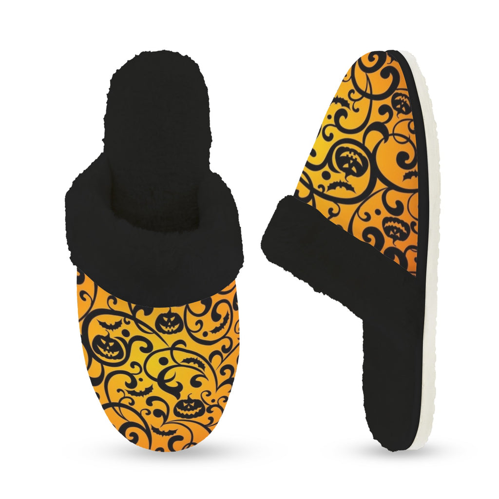 Halloween Women's Fur Trim Thick-Sole Indoor Slippers Women's Fur Trimmed Slippers Halloween Printed Offshore