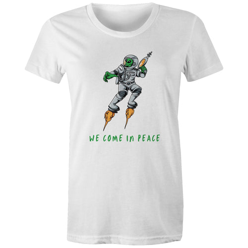 Alien Invasion, We Come In Peace - Womens T-shirt White Womens T-shirt Printed In Australia Sci Fi