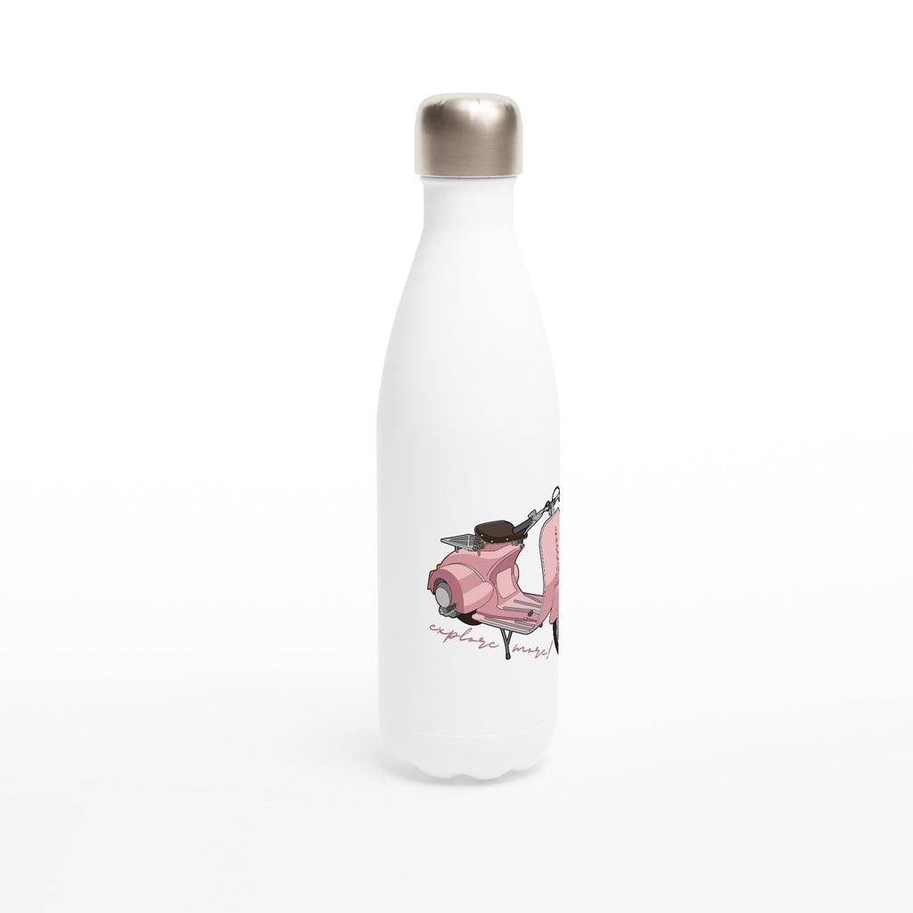 Explore More, Moped, Scooter - White 17oz Stainless Steel Water Bottle White Water Bottle Globally Fulfilled