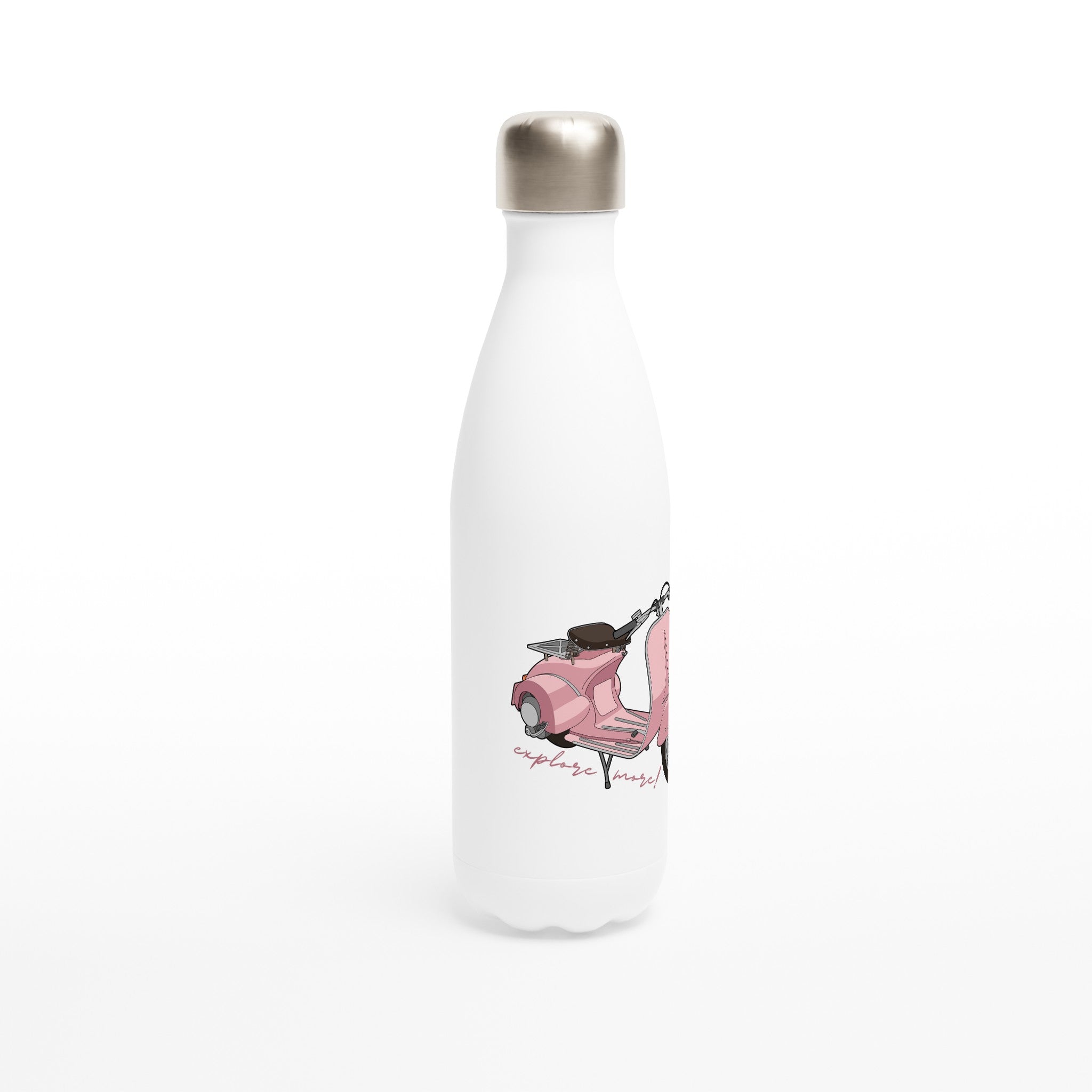 Explore More, Moped, Scooter - White 17oz Stainless Steel Water Bottle White Water Bottle Globally Fulfilled