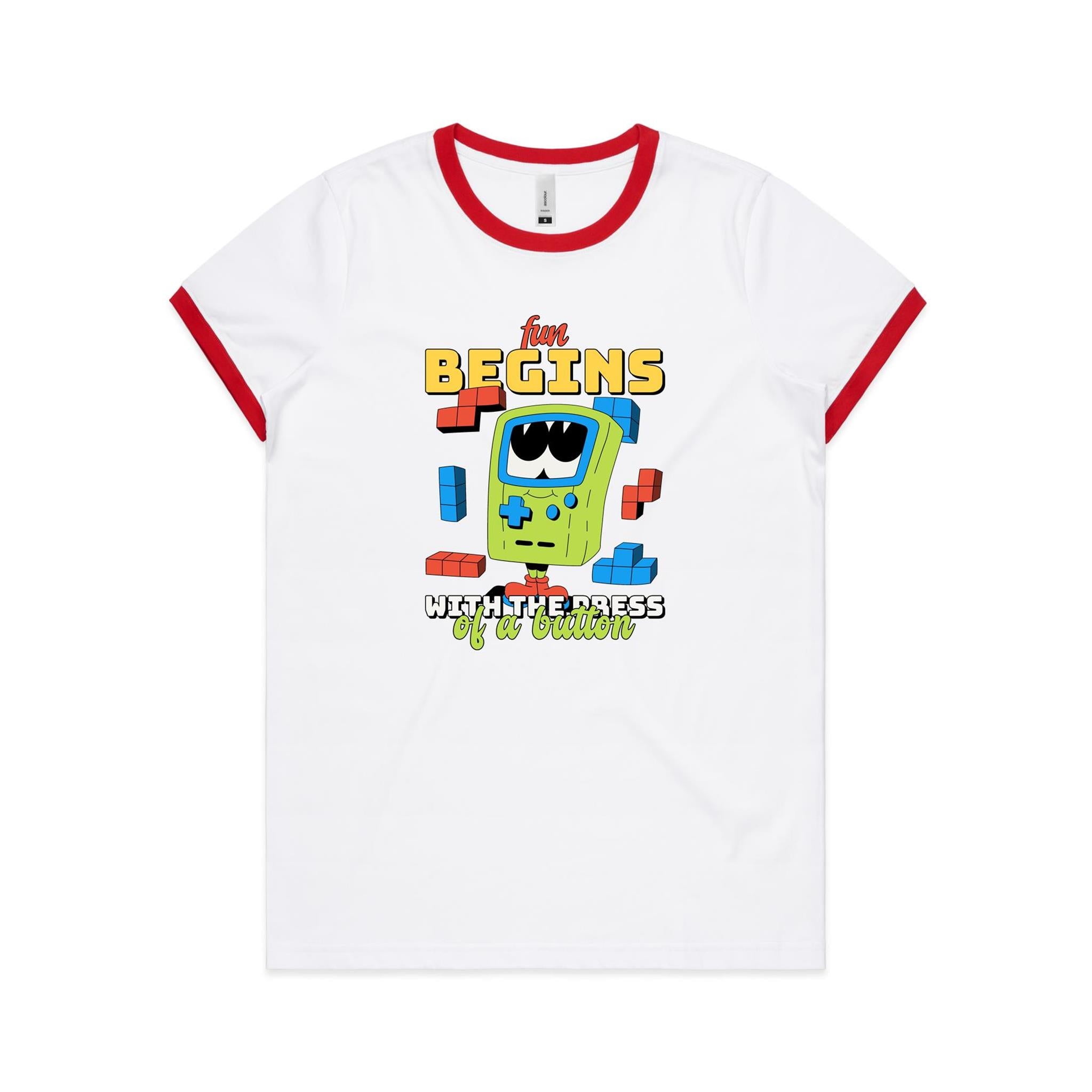 Fun Begins With The Press Of A Button, Game - Women's Ringer Tee White Red Womens Ringer T-shirt Games Printed In Australia