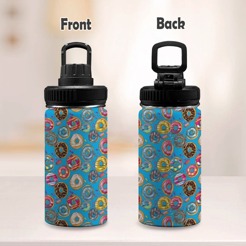 Doughnuts On Blue Kids Water Bottle with Chug Lid (12 oz) Kids Water Bottle with Chug Lid Food Printed Offshore