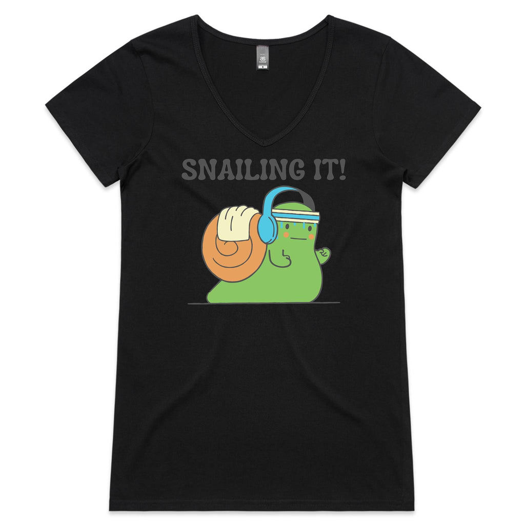 Snailing It, Fitness - Womens V-Neck T-Shirt Black Womens Active V-Neck T-shirt Fitness Printed In Australia
